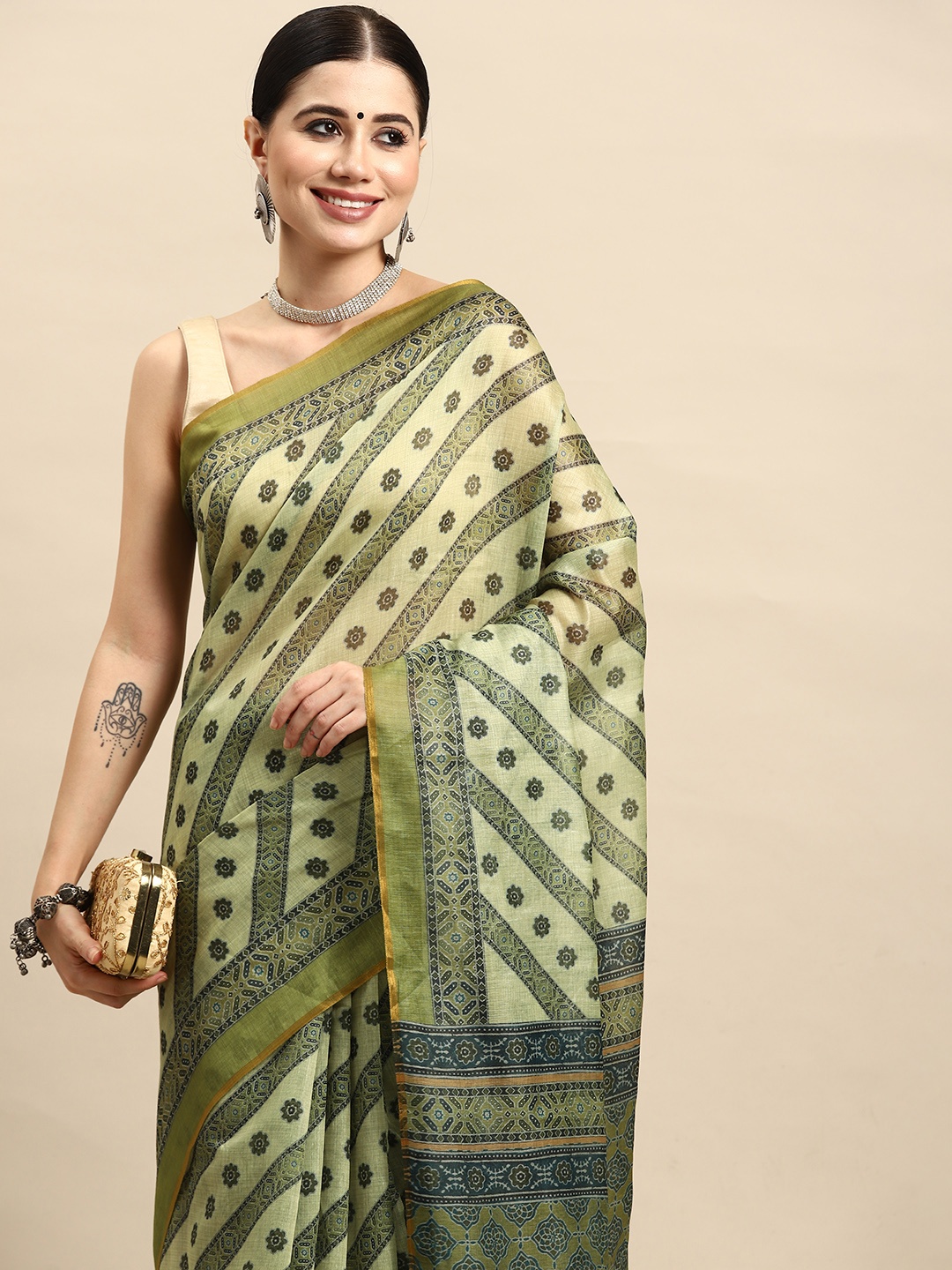 

Silk Land Ethnic Motifs Printed Block Print Saree, Olive