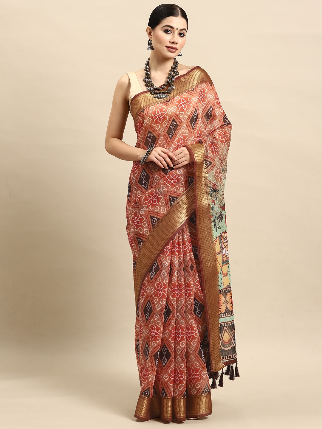 

Silk Land Bandhani Block Printed Tasseled Zari Saree, Brown