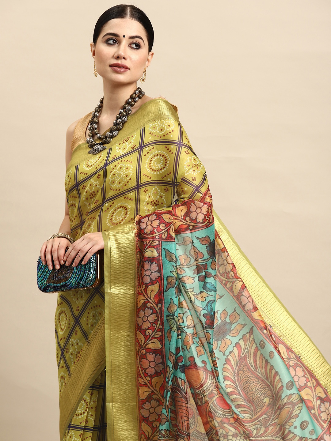 

Silk Land Bandhani Block Printed Tasseled Zari Saree, Yellow