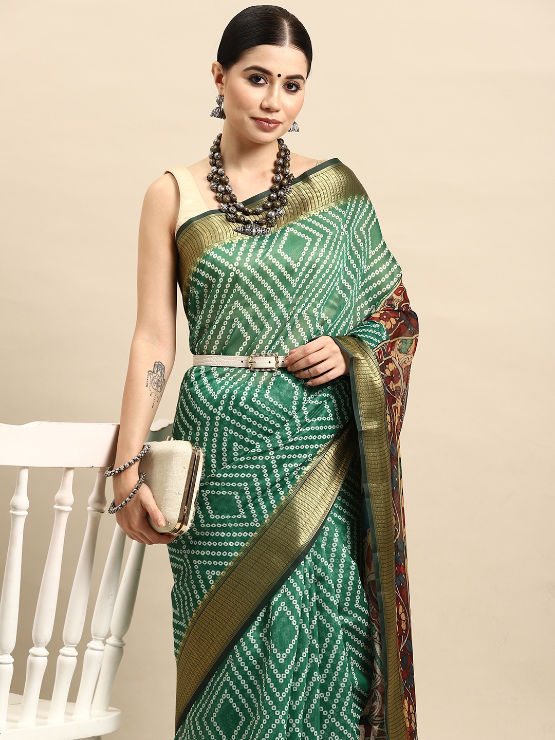 

Silk Land Bandhani Block Printed Zari Saree, Green