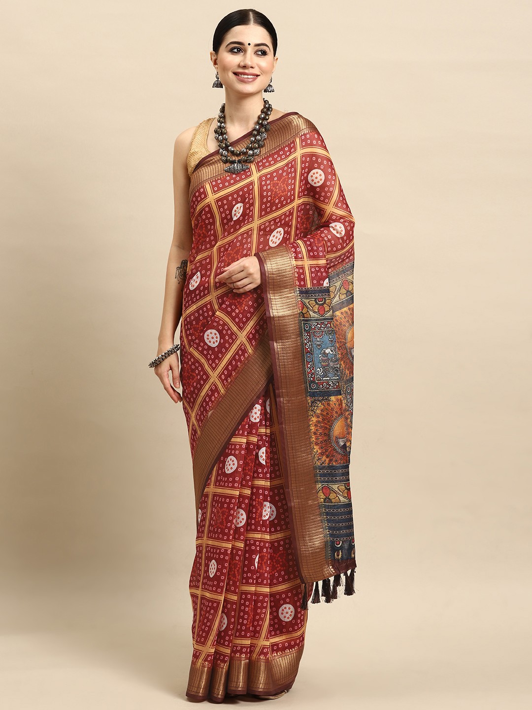 

Silk Land Bandhani Block Printed Zari Tasseled Saree, Red