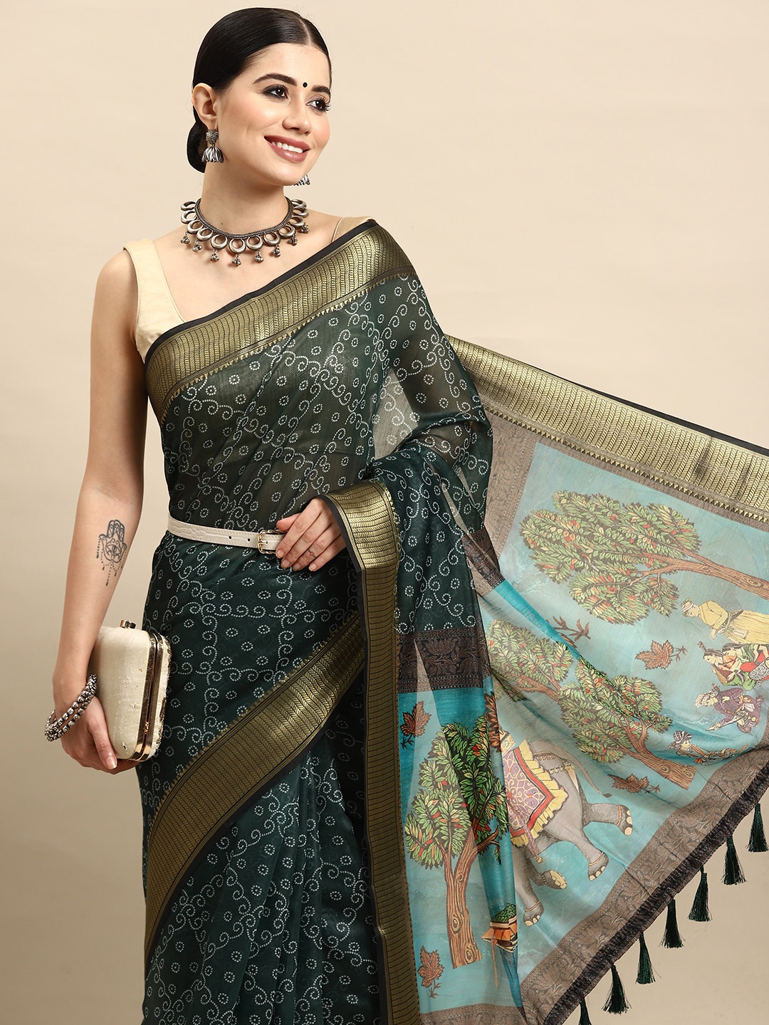 

Silk Land Bandhani Block Print Zari Tasseled Saree, Green