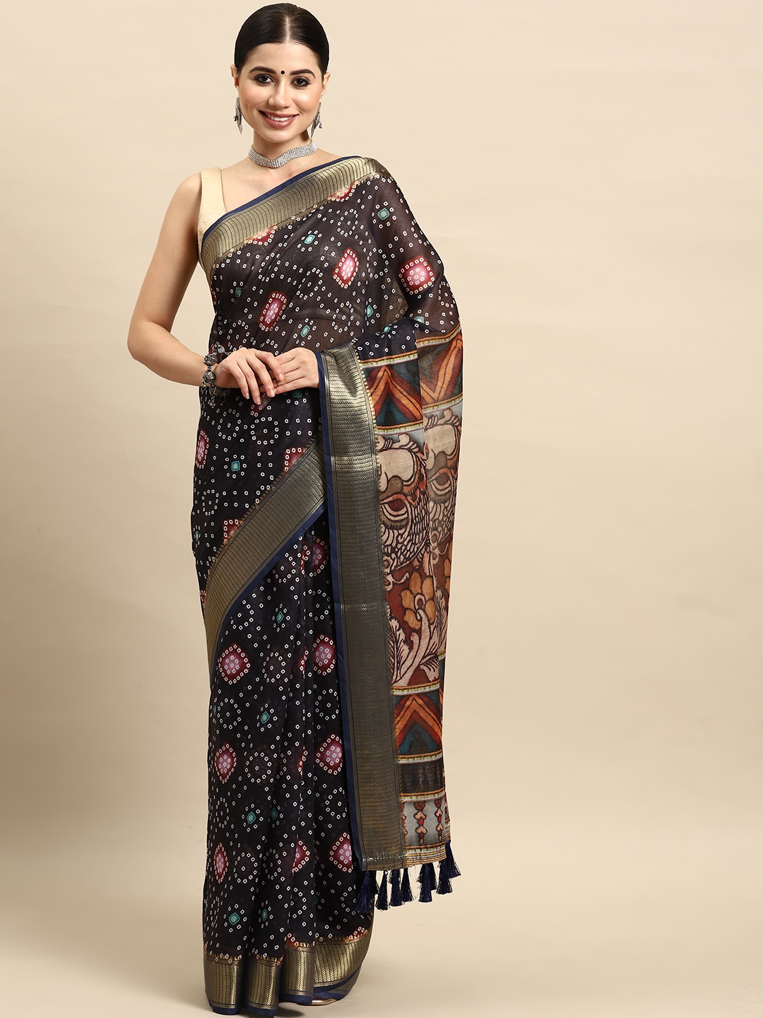 

Silk Land Bandhani Block Printed Zari Tasseled Saree, Navy blue