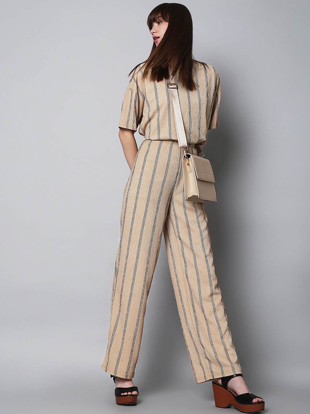 

Vero Moda Women Striped Straight Fit High-Rise Trousers, Beige
