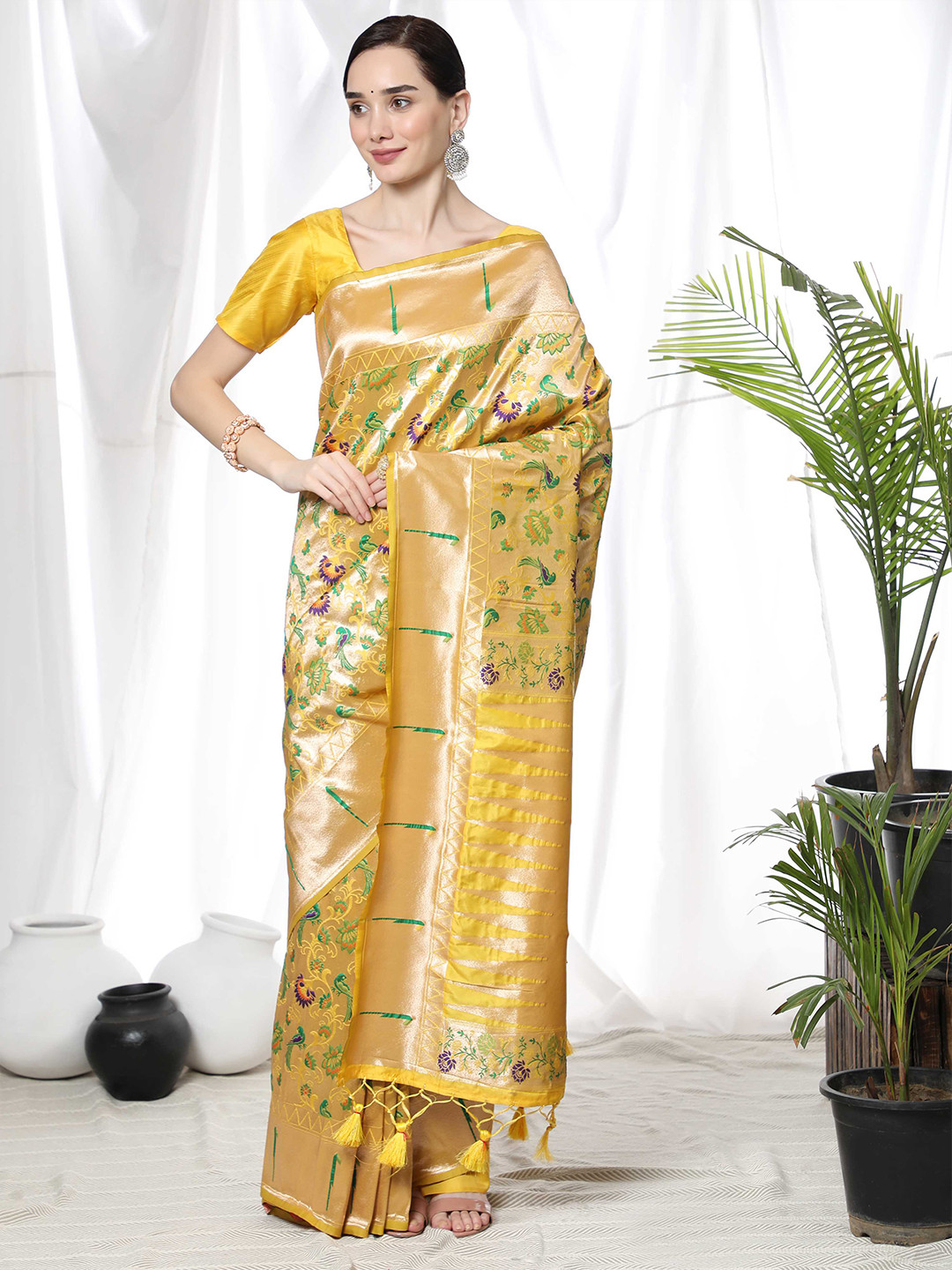 

Mitera Yellow & Gold-Toned Ethnic Motifs Woven Design Zari Paithani Saree