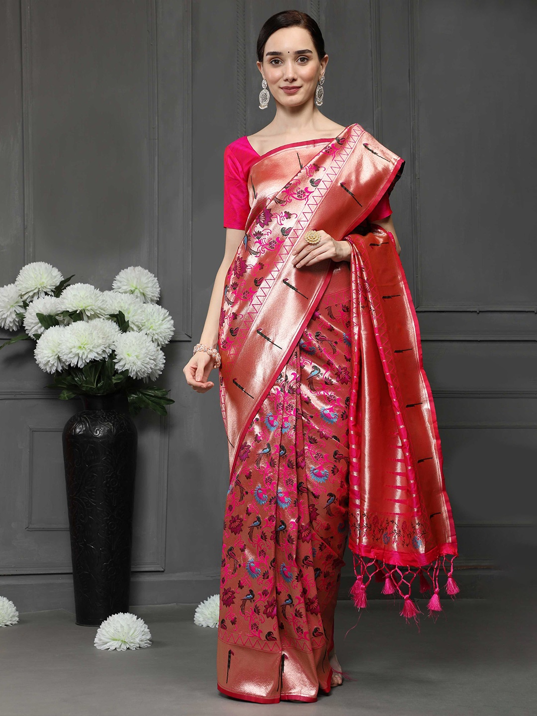 

Mitera Pink & Gold-Toned Ethnic Motifs Woven Design Zari Paithani Saree