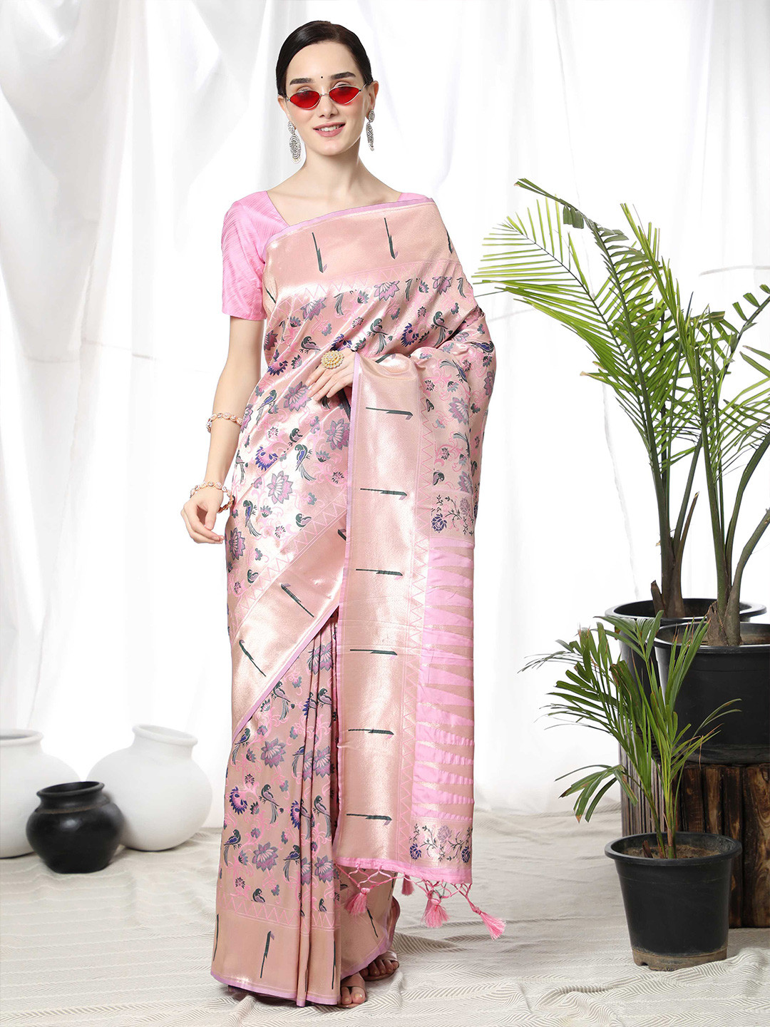

Mitera Pink & Blue Ethnic Motifs Woven Design Zari Paithani Saree