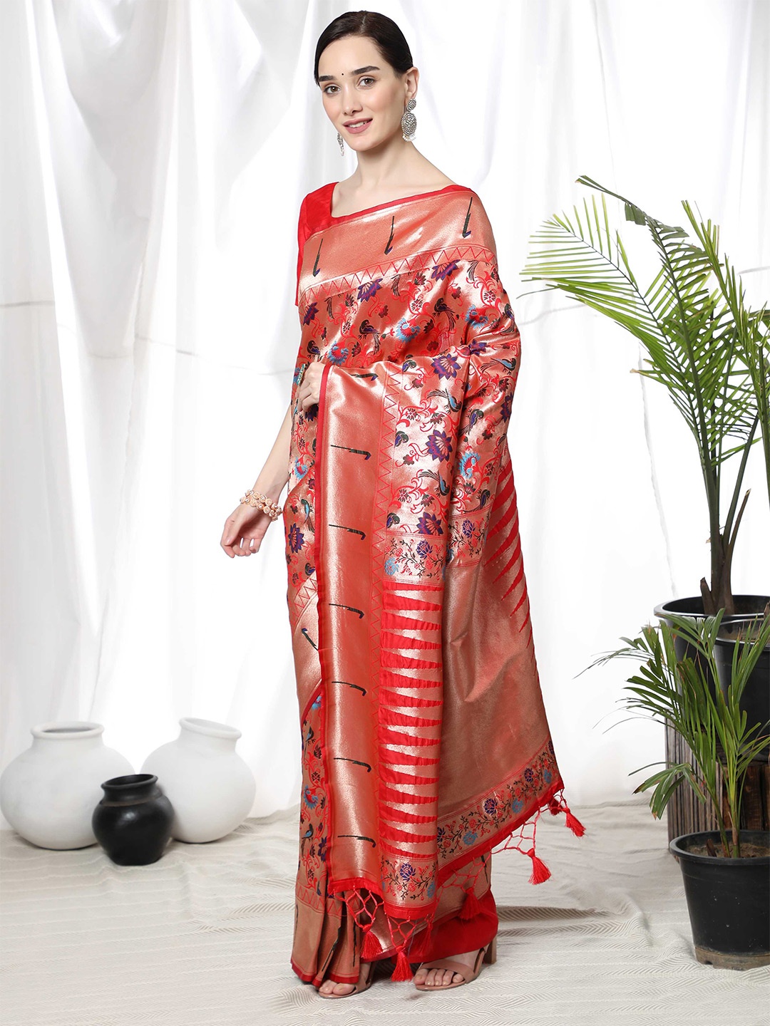 

Mitera Red & Blue Ethnic Motifs Woven Design Zari Paithani Saree