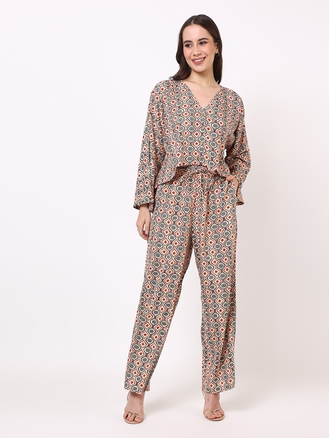 

UNTUNG Printed Pure Cotton Top & Trouser Co-Ords Set, Grey