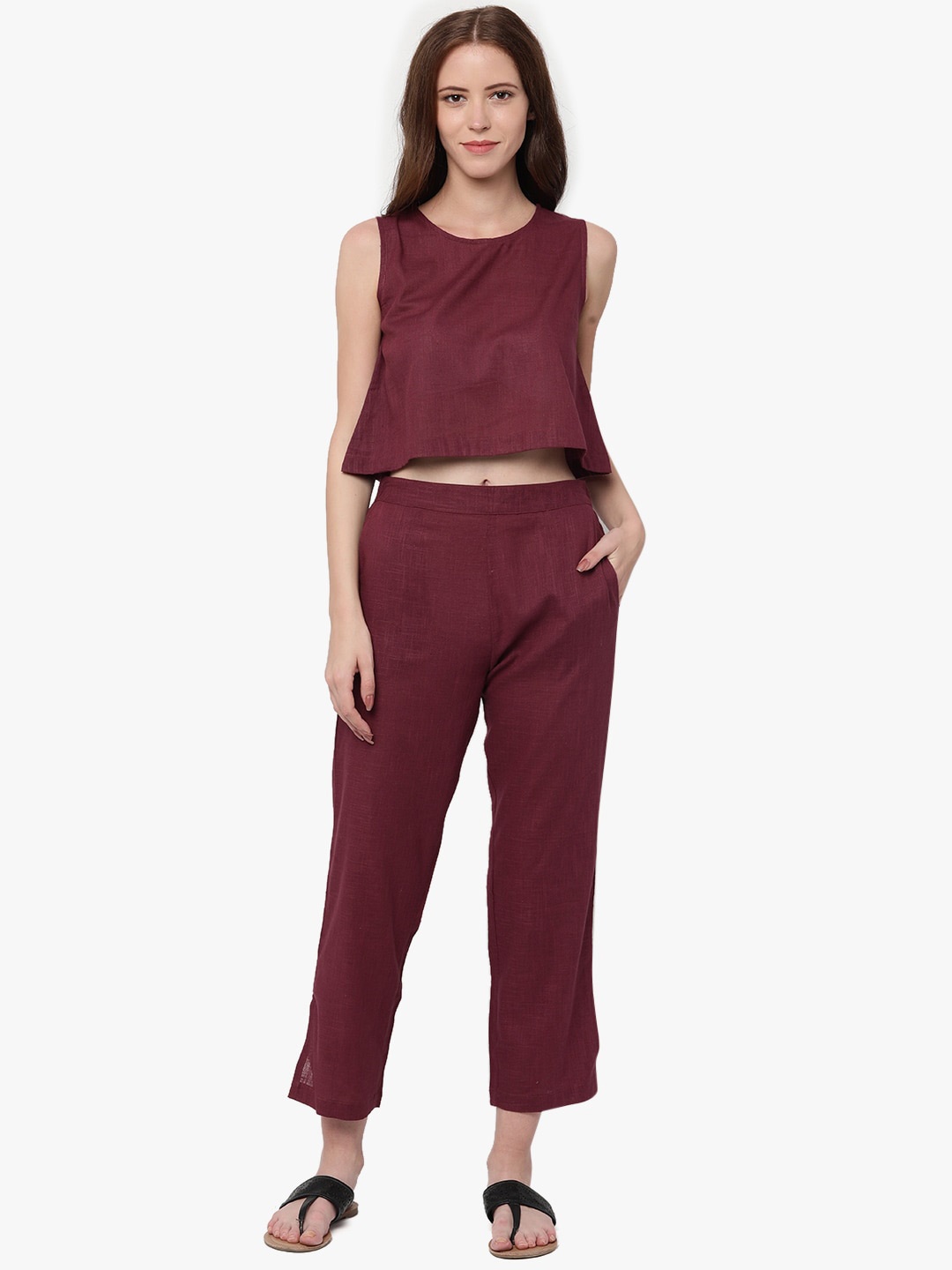 

UNTUNG Pure Cotton A-Line Crop Top & Trouser Co-Ords, Maroon