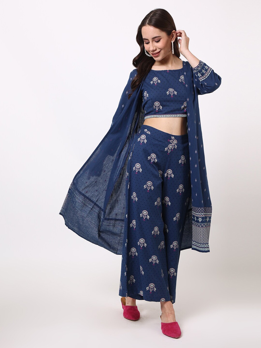 

UNTUNG Printed Cotton Crop Top And Trousers With Jacket, Blue