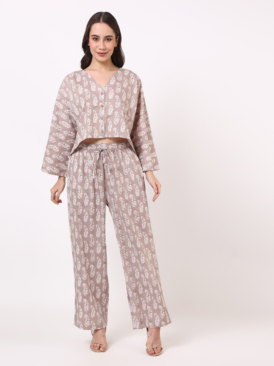 

UNTUNG Printed Pure Cotton Top & Trouser Co-Ords Set, Beige