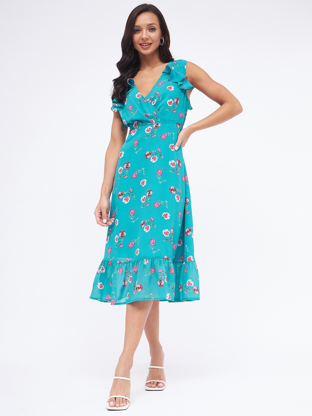 

Kibo Floral Printed Ruffled V-Neck Georgette Casual Midi Fit & Flare Dress, Blue