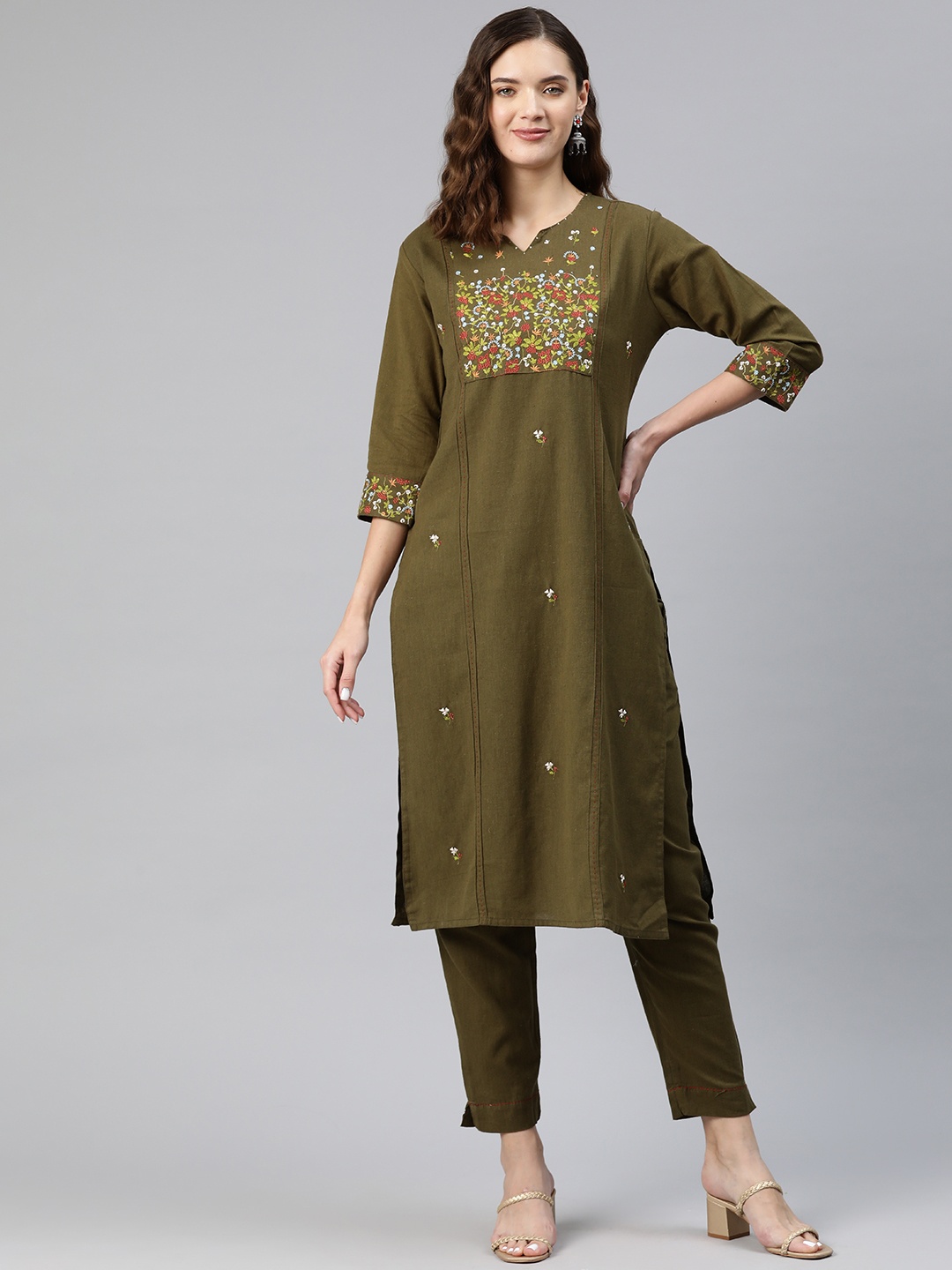 

Readiprint Fashions Women Floral Yoke Design Regular Sequinned Cotton Kurta with Palazzos, Olive