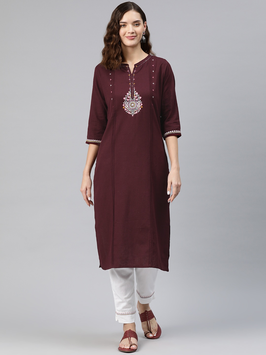 

Readiprint Fashions Women Floral Yoke Design Thread Work Pure Cotton Kurta with Palazzos, Burgundy