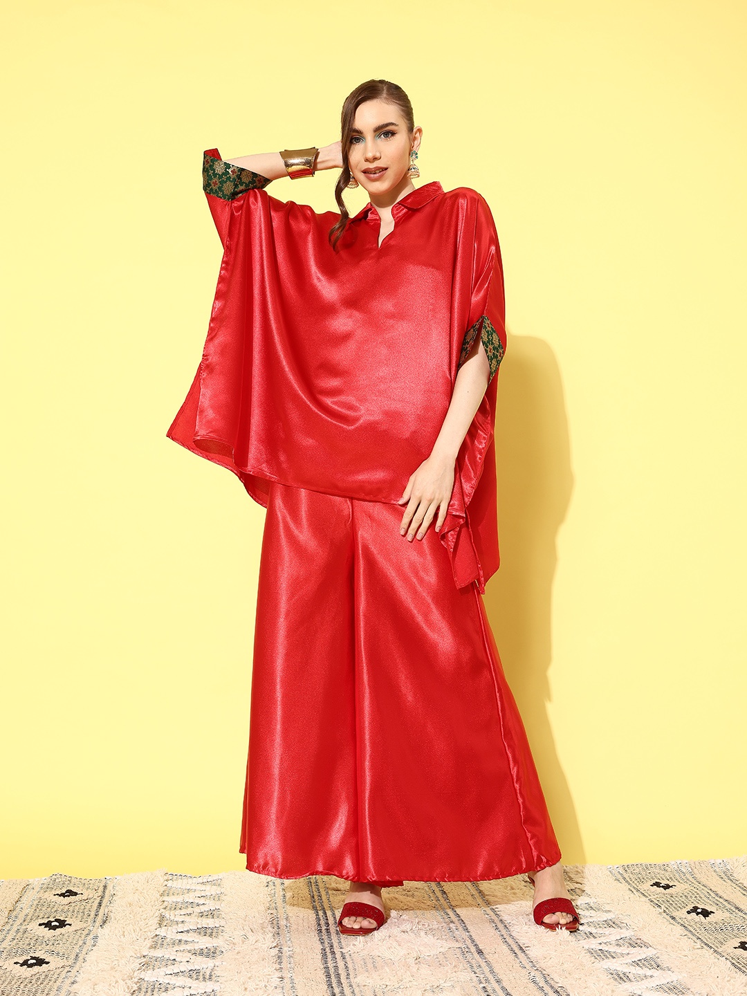 

InWeave Women Satin Regular Kurti with Palazzos, Red