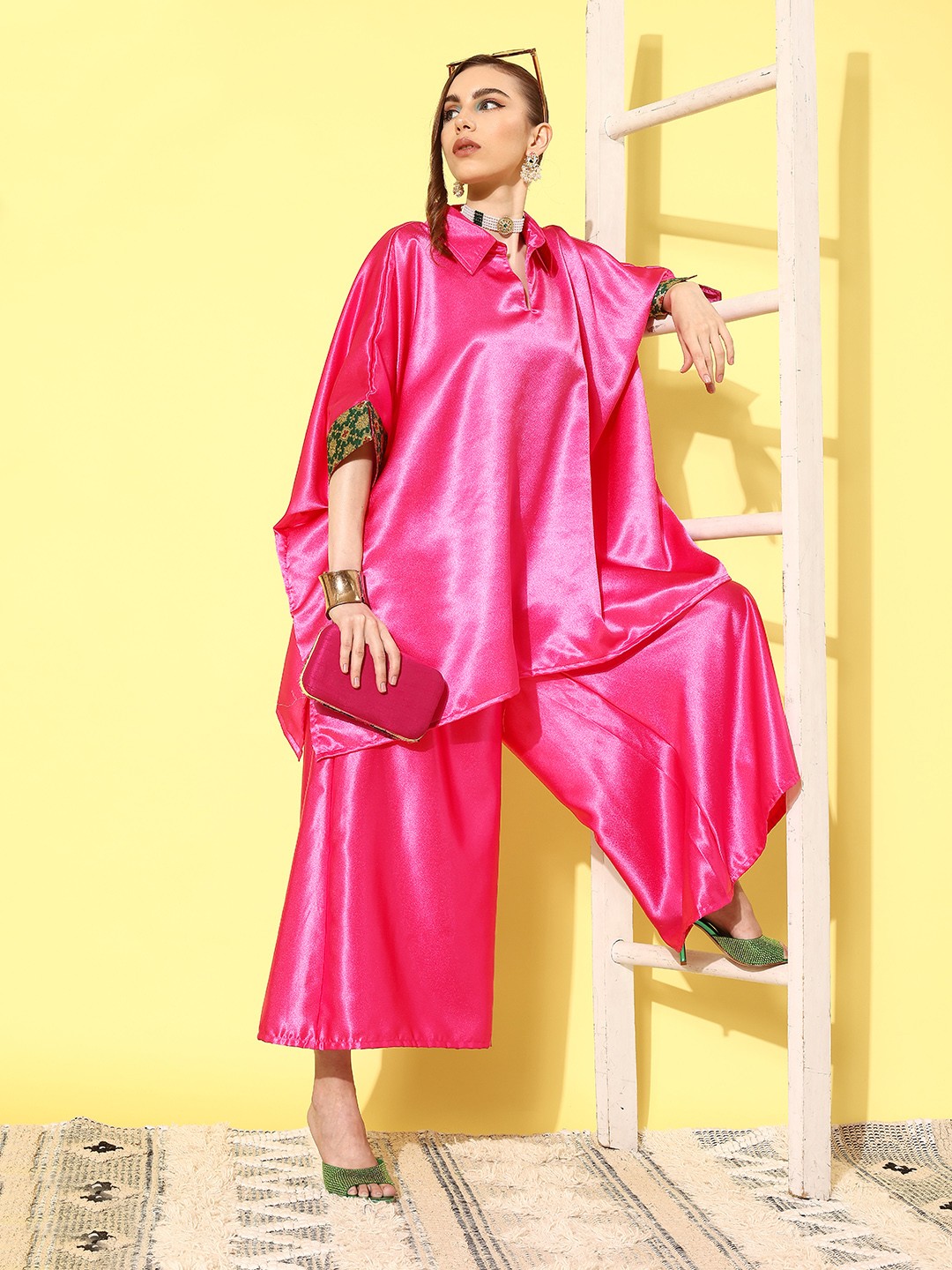 

InWeave Women Satin Regular Kurti with Palazzos, Pink