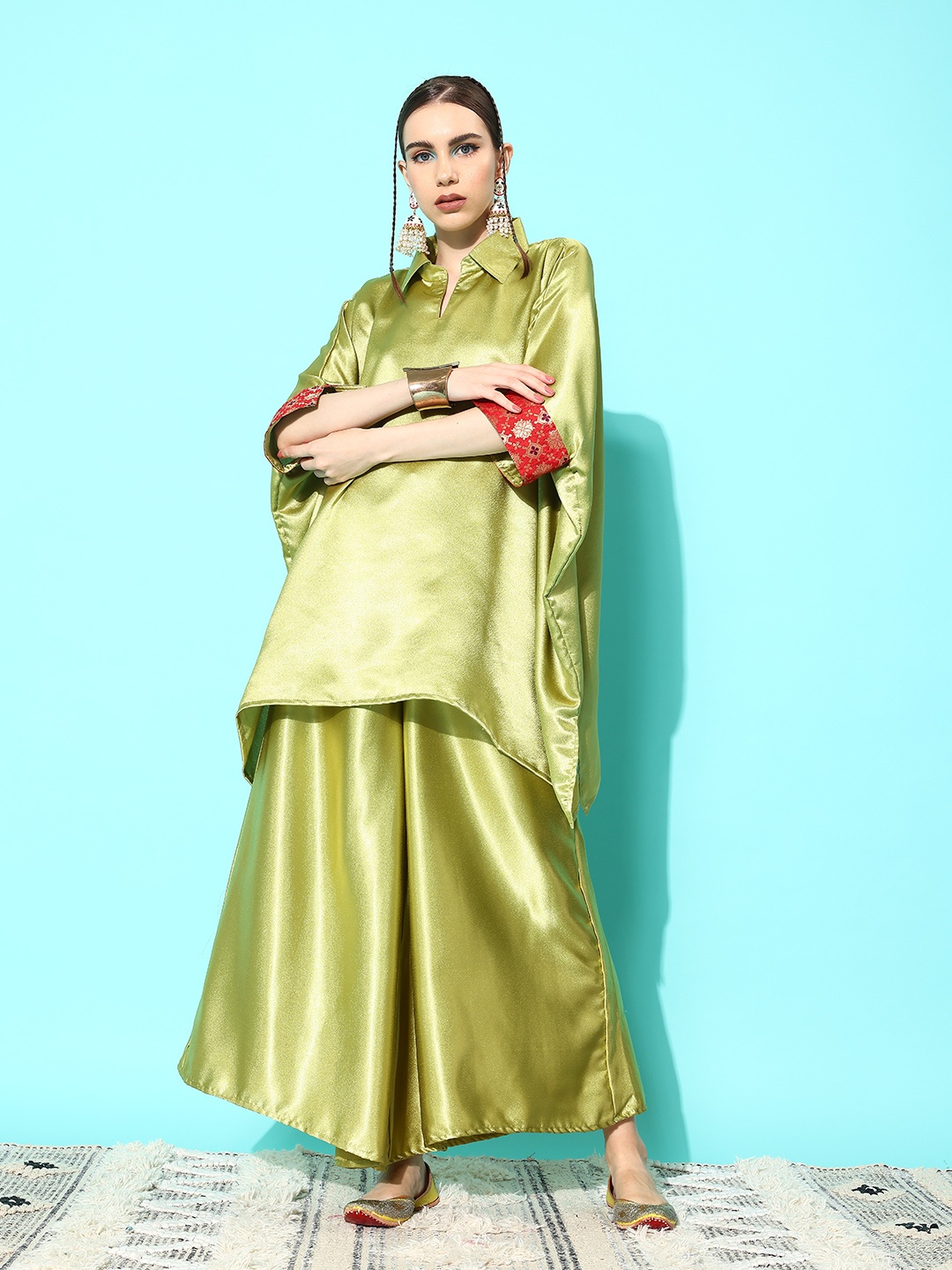 

InWeave Women Satin Regular Kurti with Palazzos, Olive