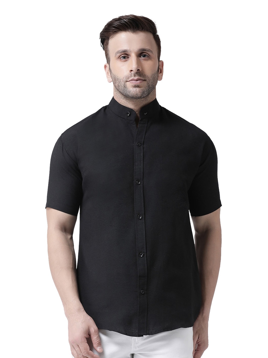 

RIAG Mandarin Collar Cotton Casual Shirt, Black
