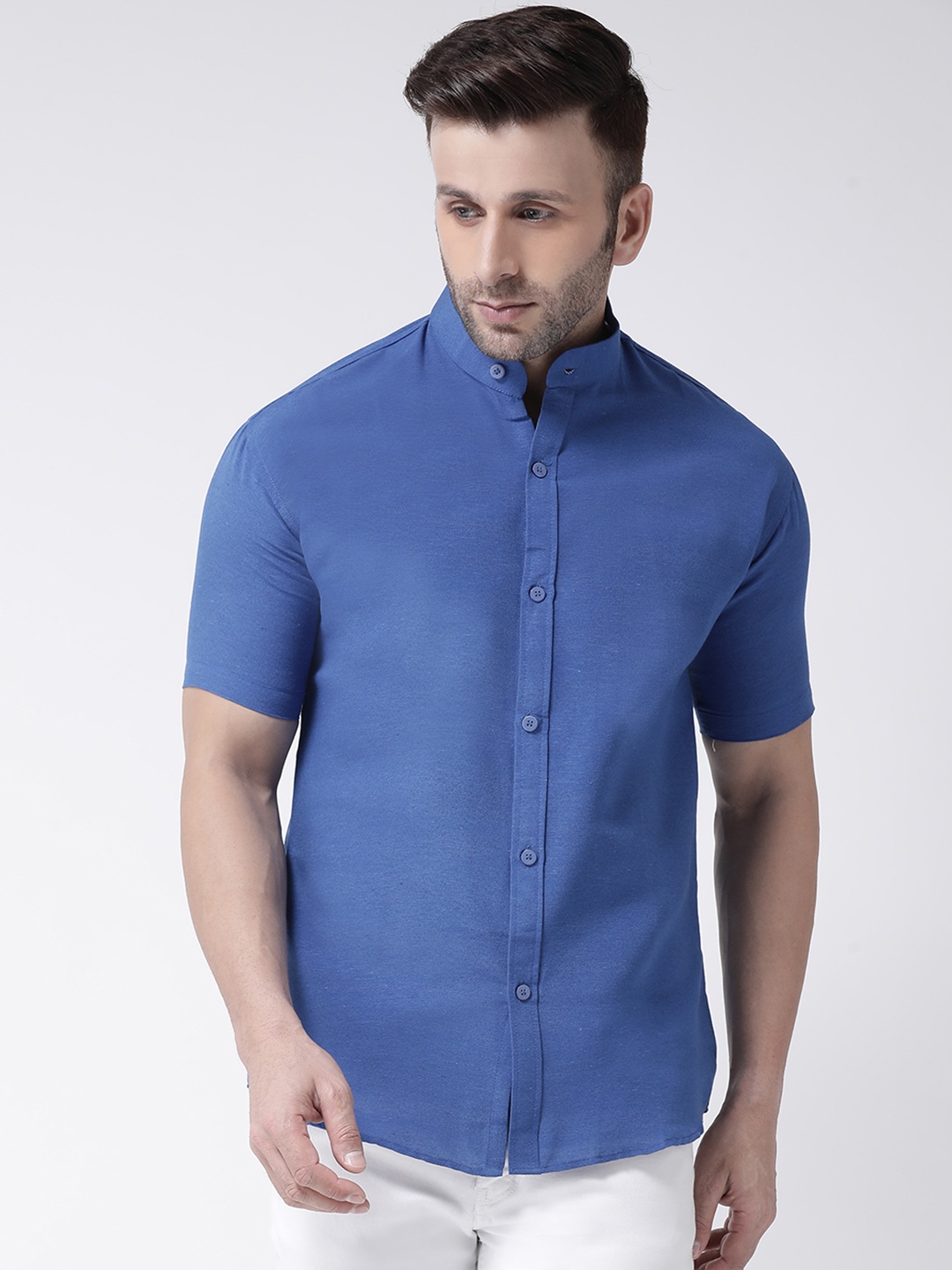 

RIAG Mandarin Collar Cotton Casual Shirt, Navy blue