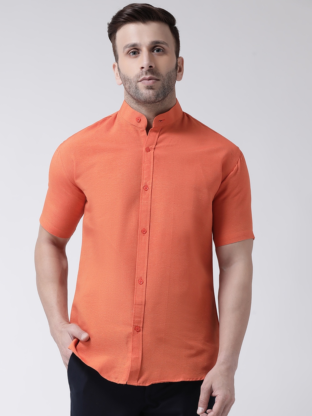 

RIAG Short Sleeves Band Collar Casual Cotton Shirt, Orange