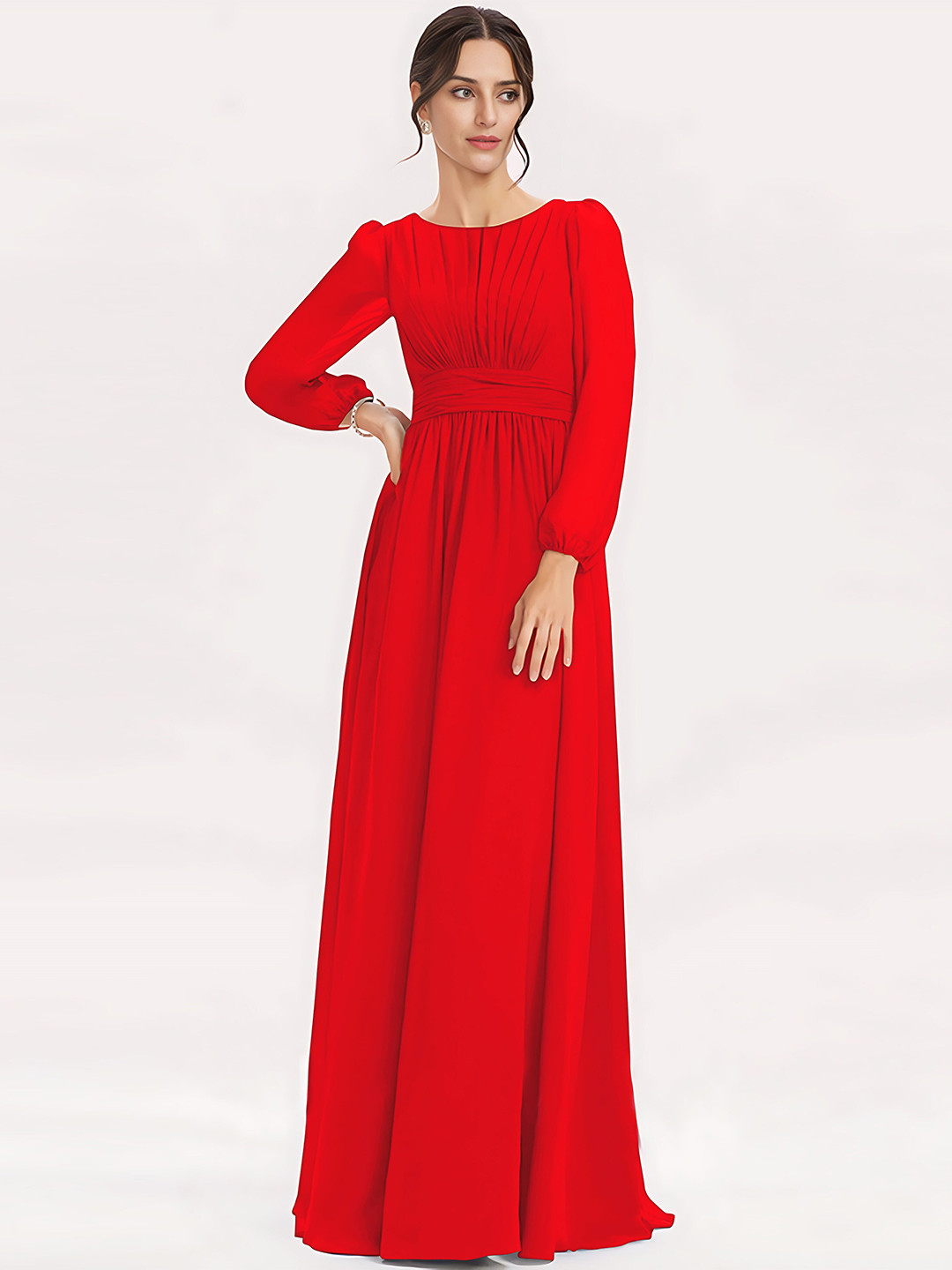 

Femvy Pleated Boat Neck Puff Sleeves Georgette Maxi Dress, Red