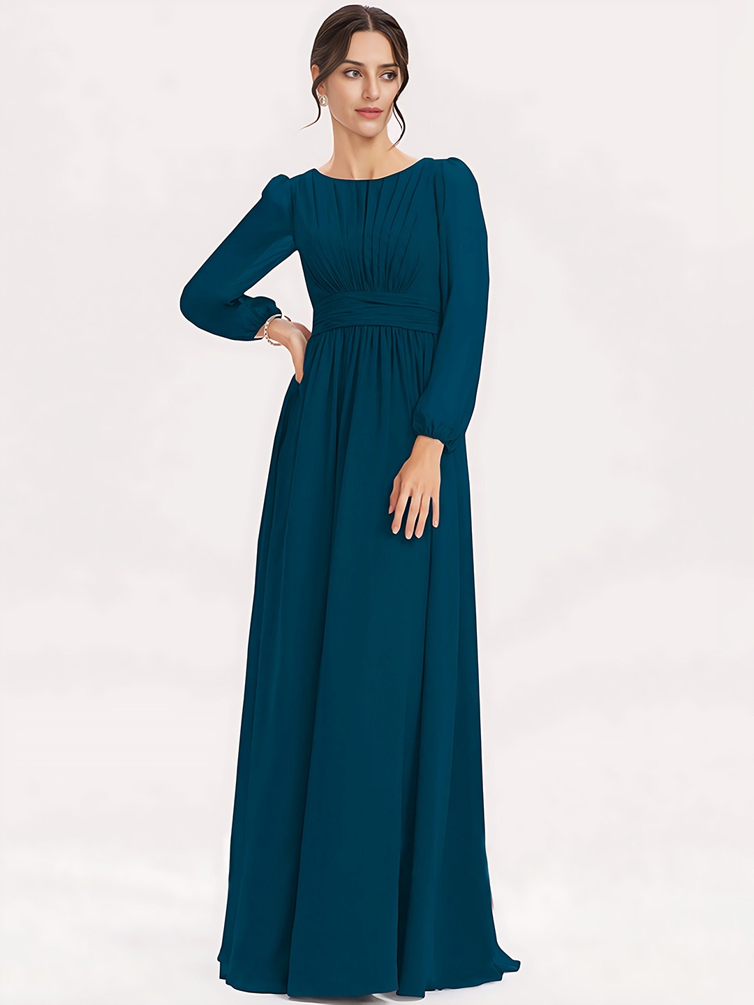 

Femvy Pleated Boat Neck Puff Sleeves Georgette Maxi Dress, Blue