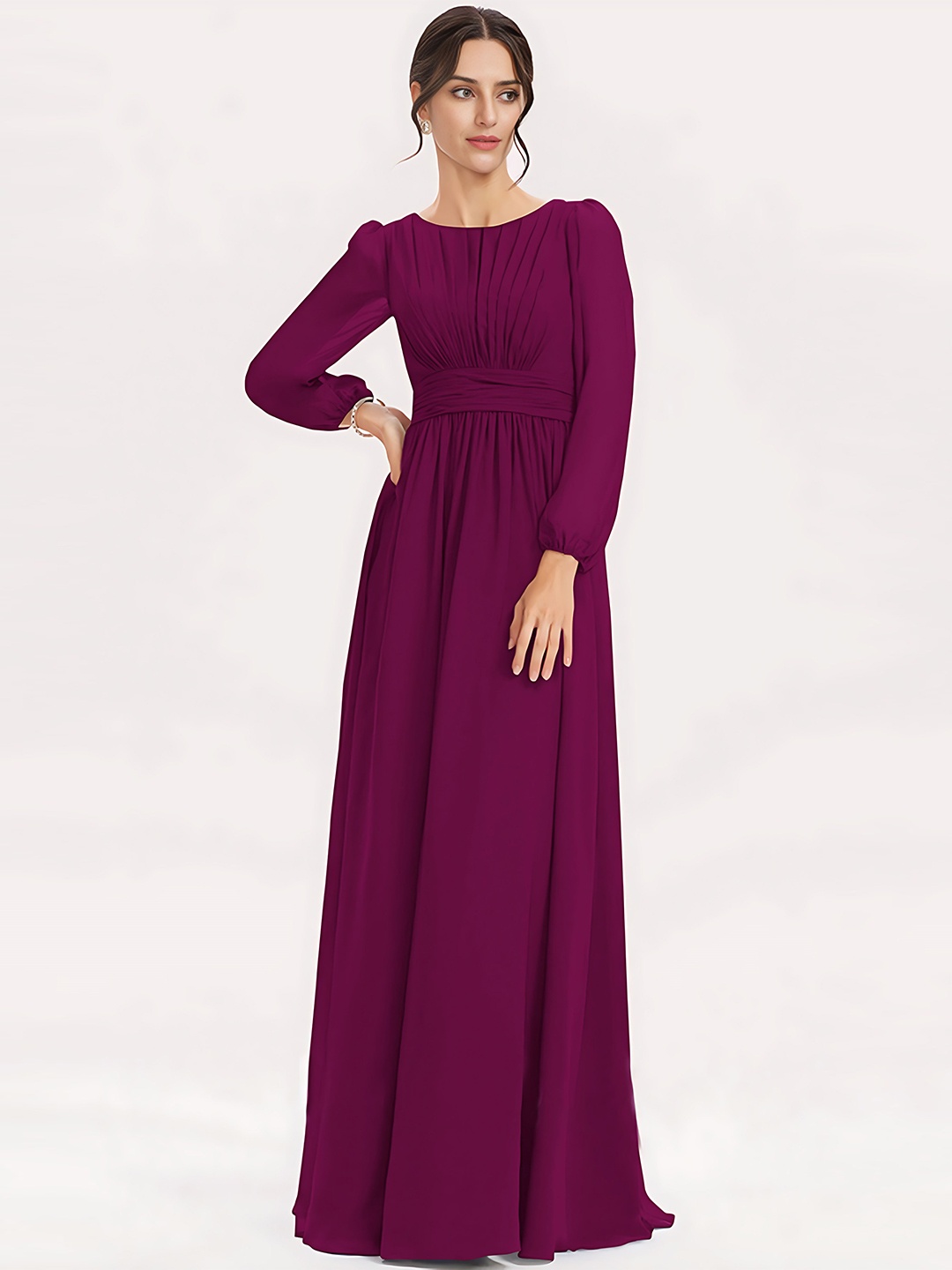 

Femvy Pleated Boat Neck Puff Sleeves Georgette Maxi Dress, Magenta