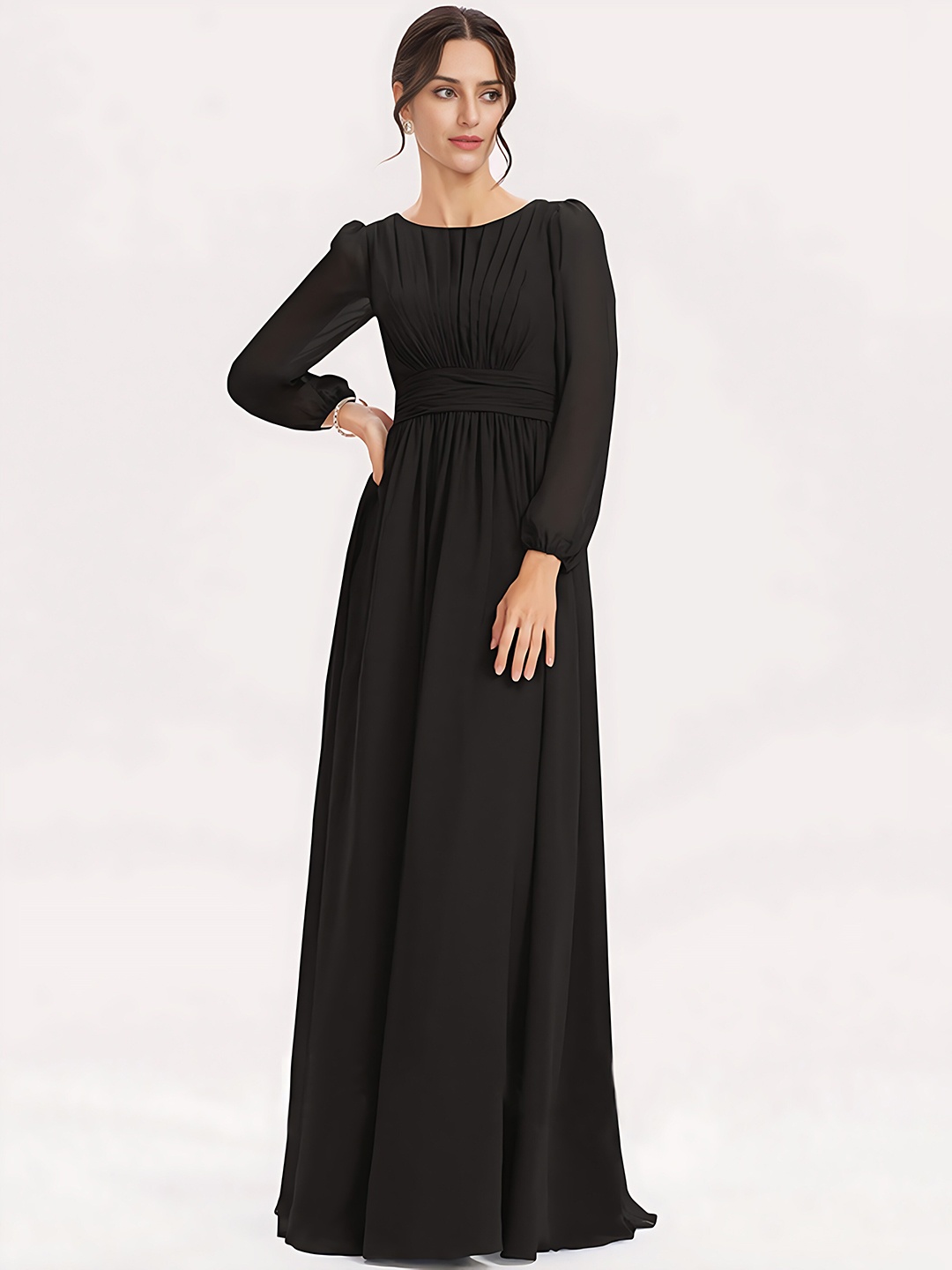 

Femvy Pleated Boat Neck Puff Sleeves Georgette Maxi Dress, Black