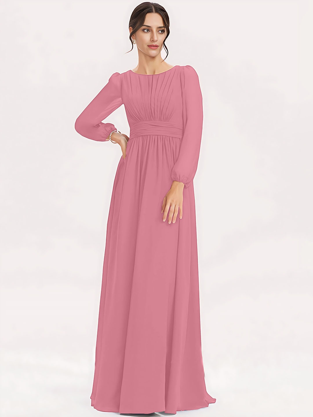 

Femvy Pleated Boat Neck Puff Sleeves Georgette Maxi Dress, Peach
