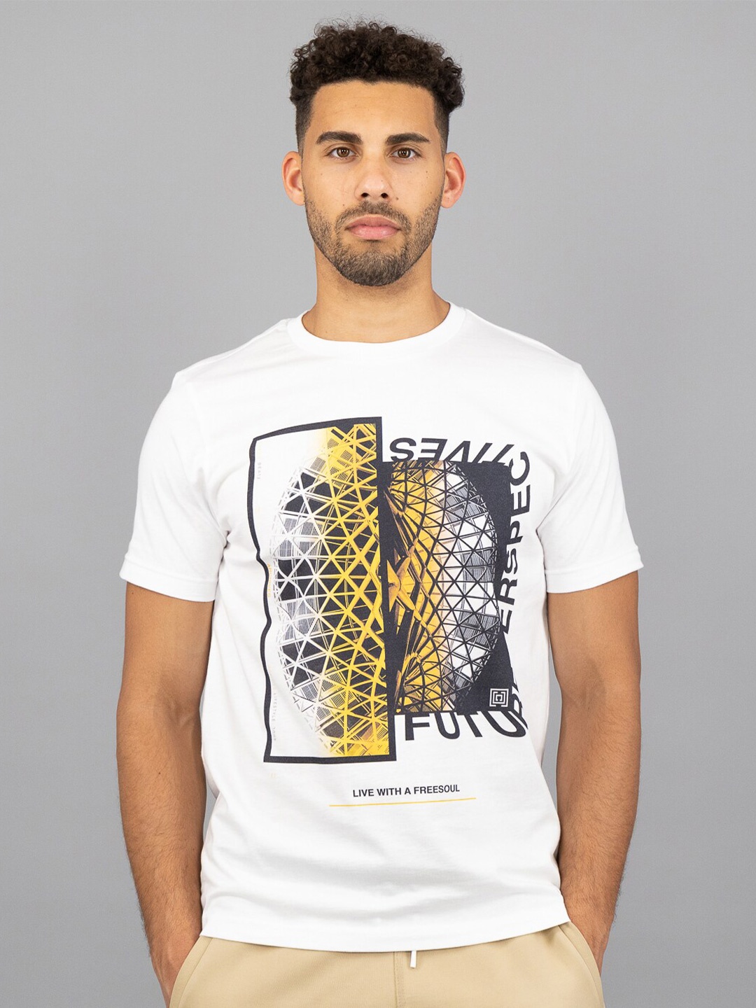 

FREESOUL Graphic Printed Round Neck Pure Cotton T-shirt, White
