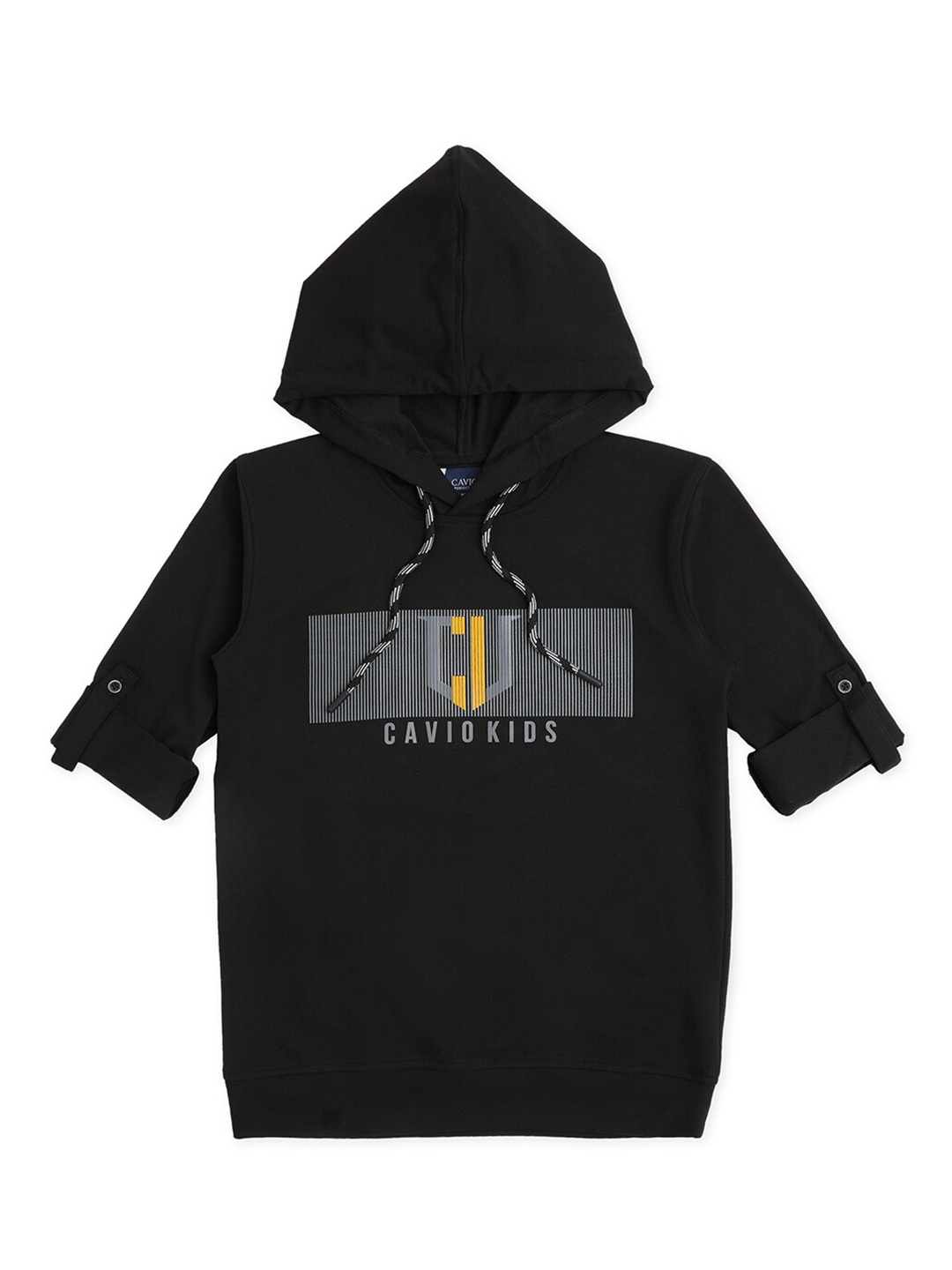 

CAVIO Typography Printed Half Sleeve Hooded Cotton T-shirt, Black