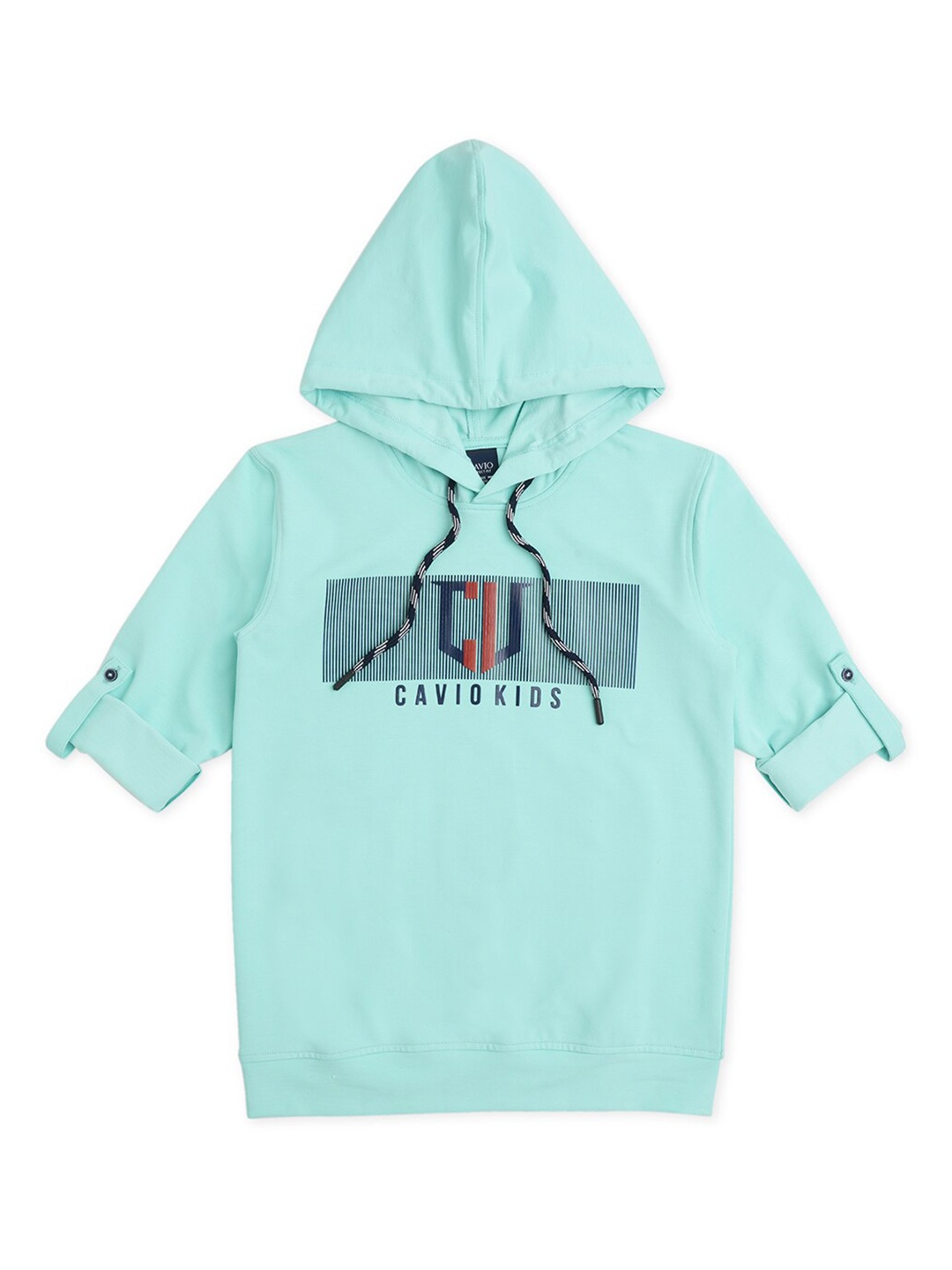 

CAVIO Typography Printed Half Sleeve Hooded Cotton T-shirt, Turquoise blue