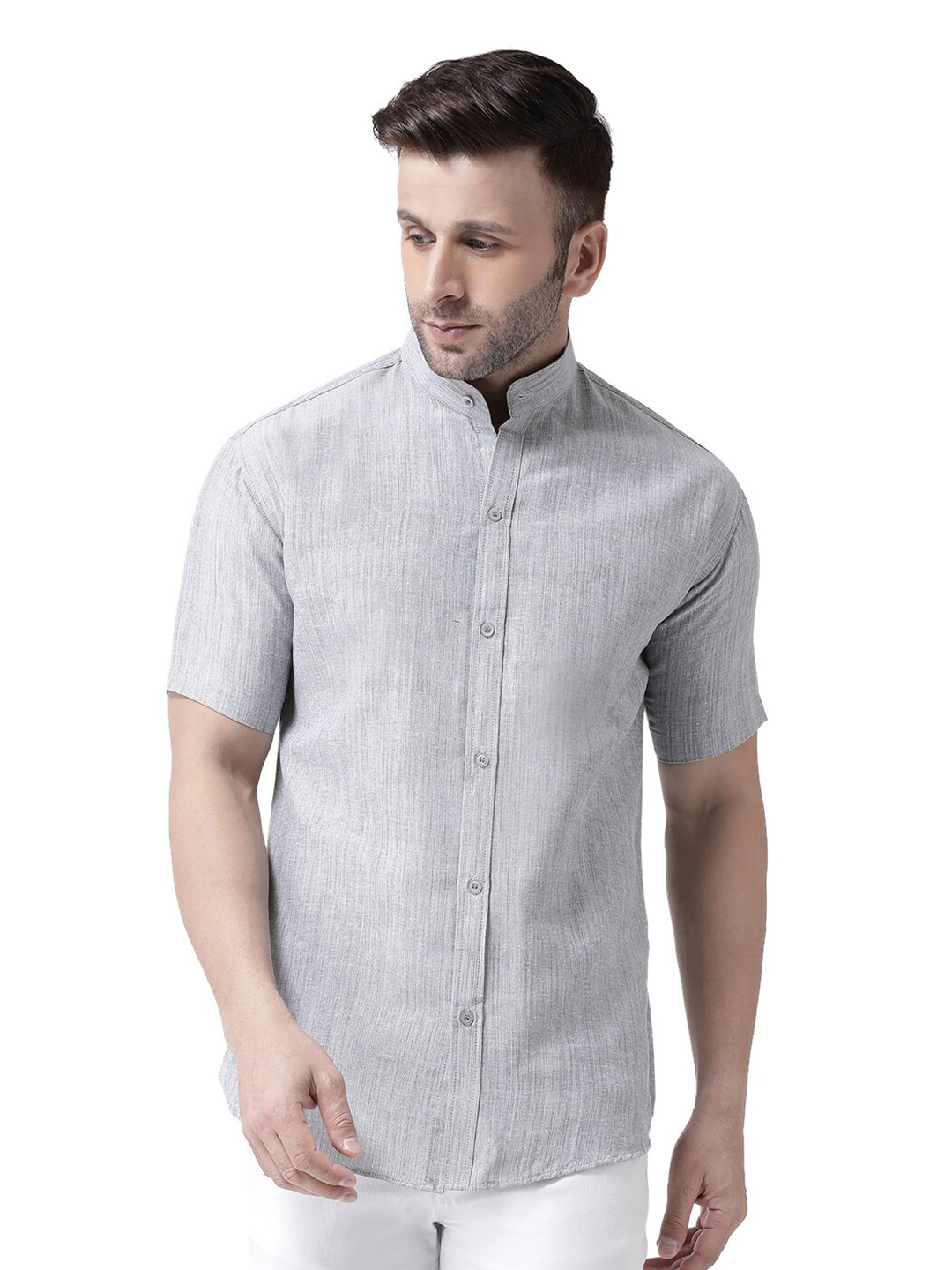 

RIAG Mandarin Collar Textured Cotton Casual Shirt, Grey