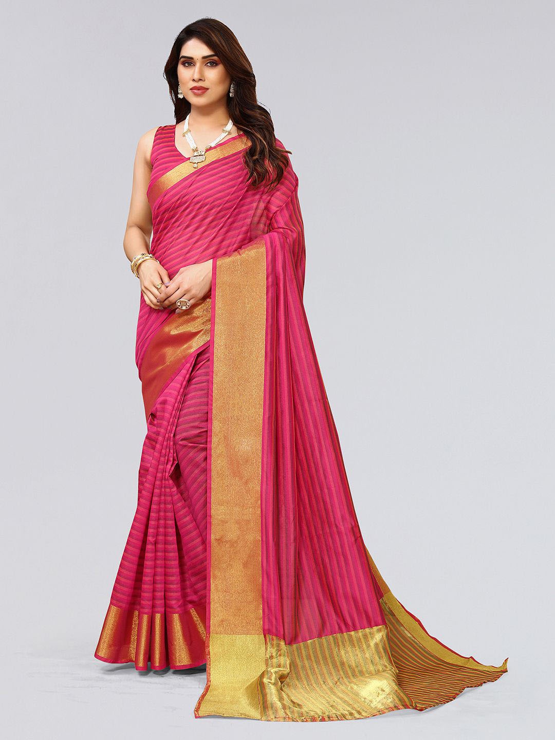 

KALINI Horizontal Striped Zari Saree, Pink