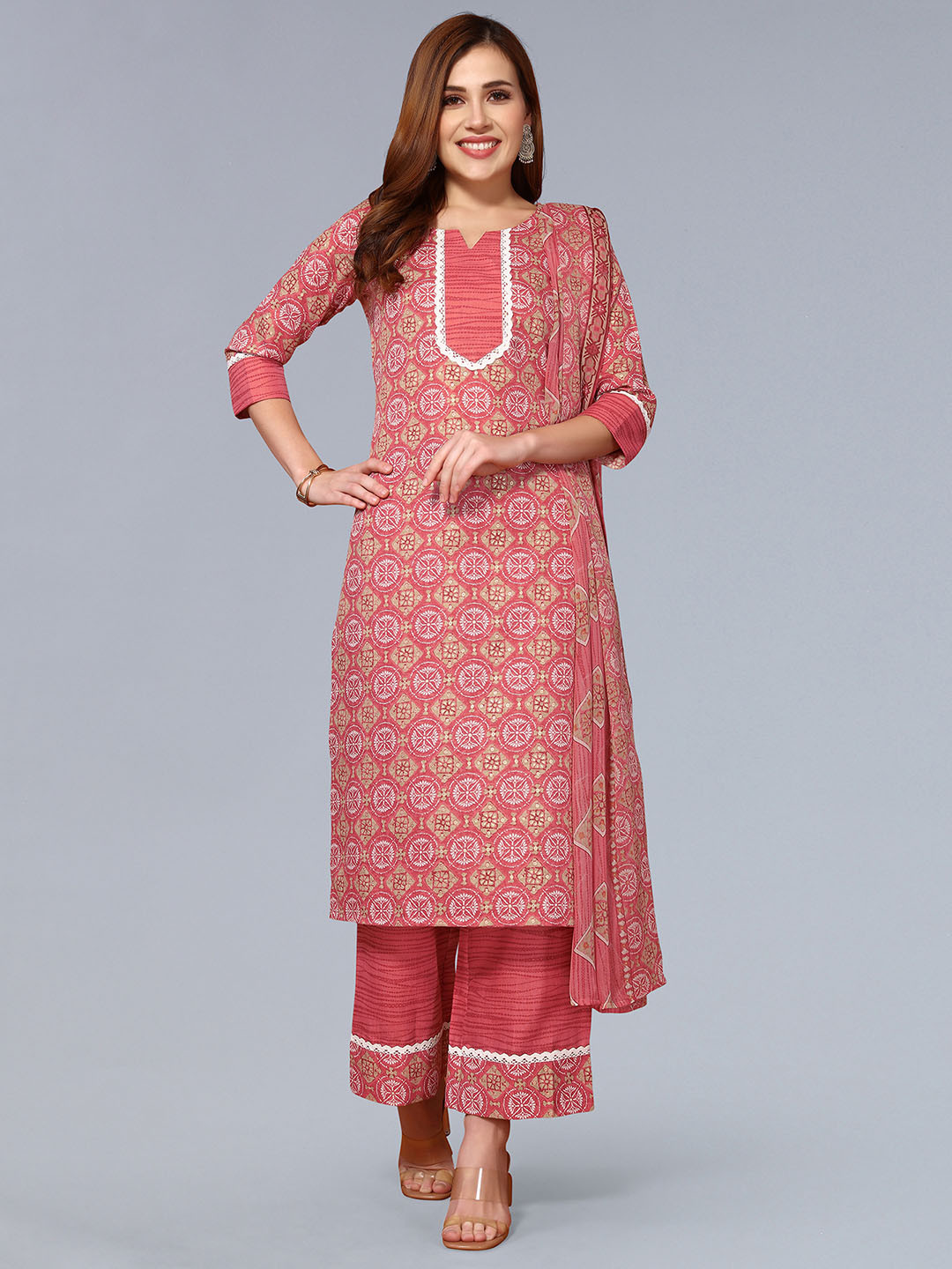 

KALINI Ethnic Motifs Printed Kurta & Palazzos With Dupatta, Pink