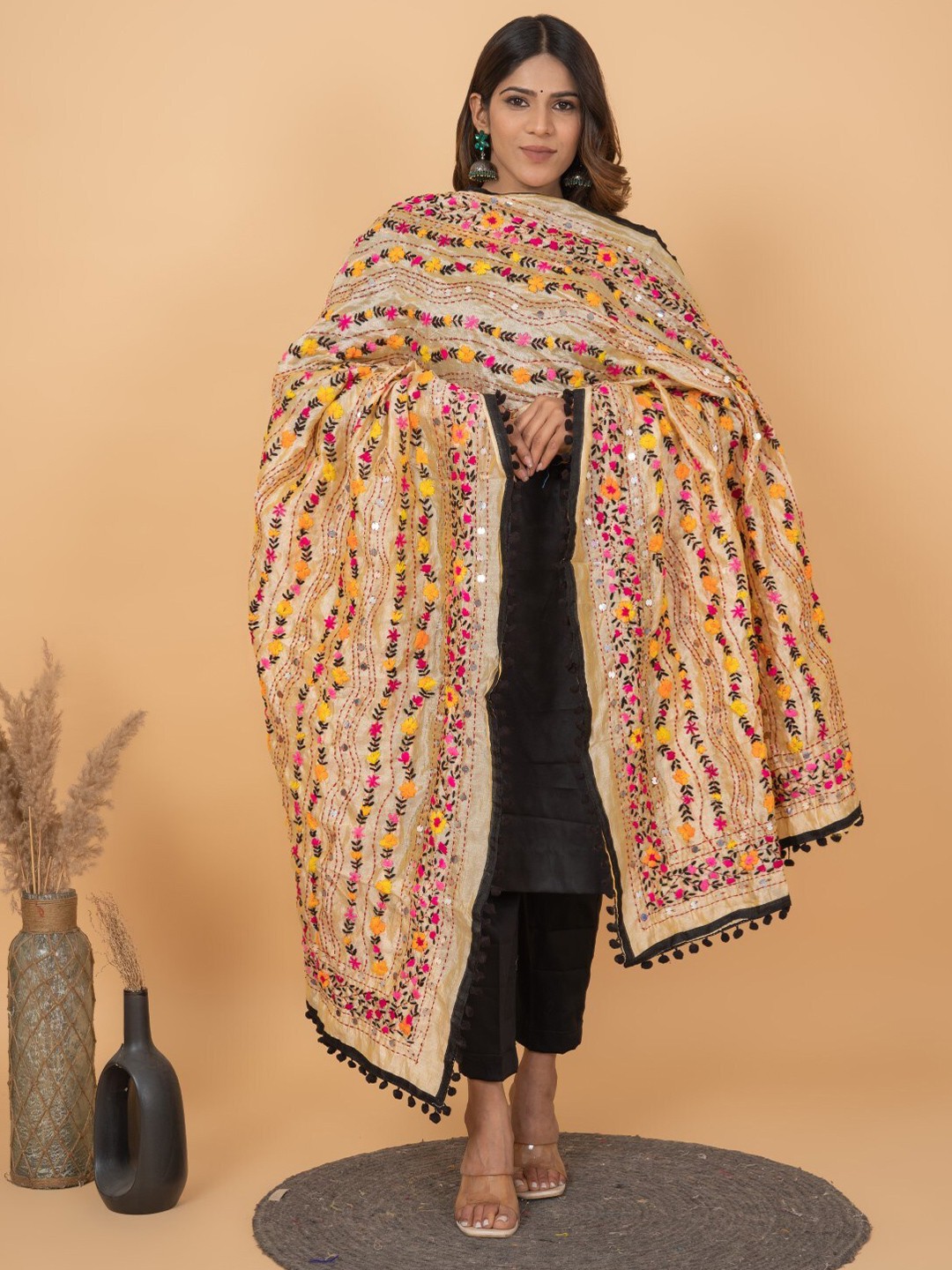

KALINI Floral Embroidered Pulkari Sequinned Chanderi Dupatta, Cream