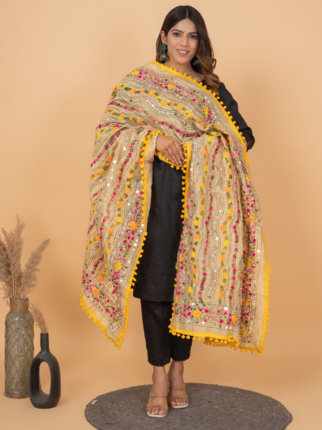 

KALINI Embroidered Phulkari Dupatta, Cream
