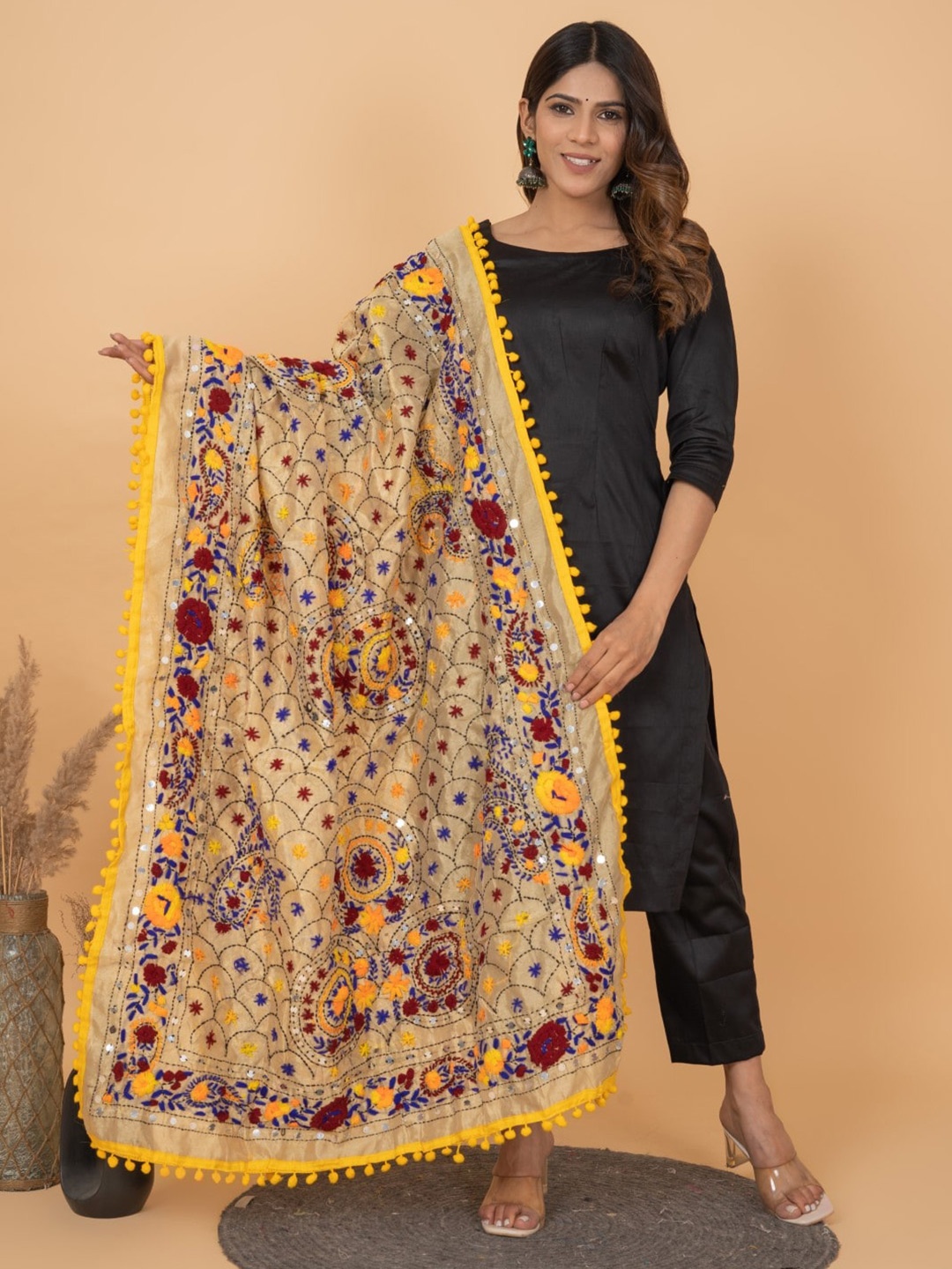 

KALINI Floral Embroidered Pulkari Sequinned Chanderi Dupatta, Beige