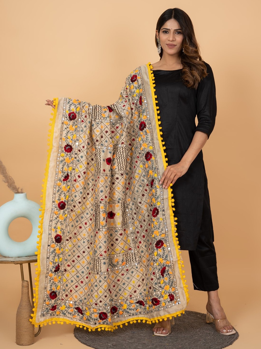 

KALINI Floral Embroidered Pulkari Sequinned Chanderi Dupatta, Beige
