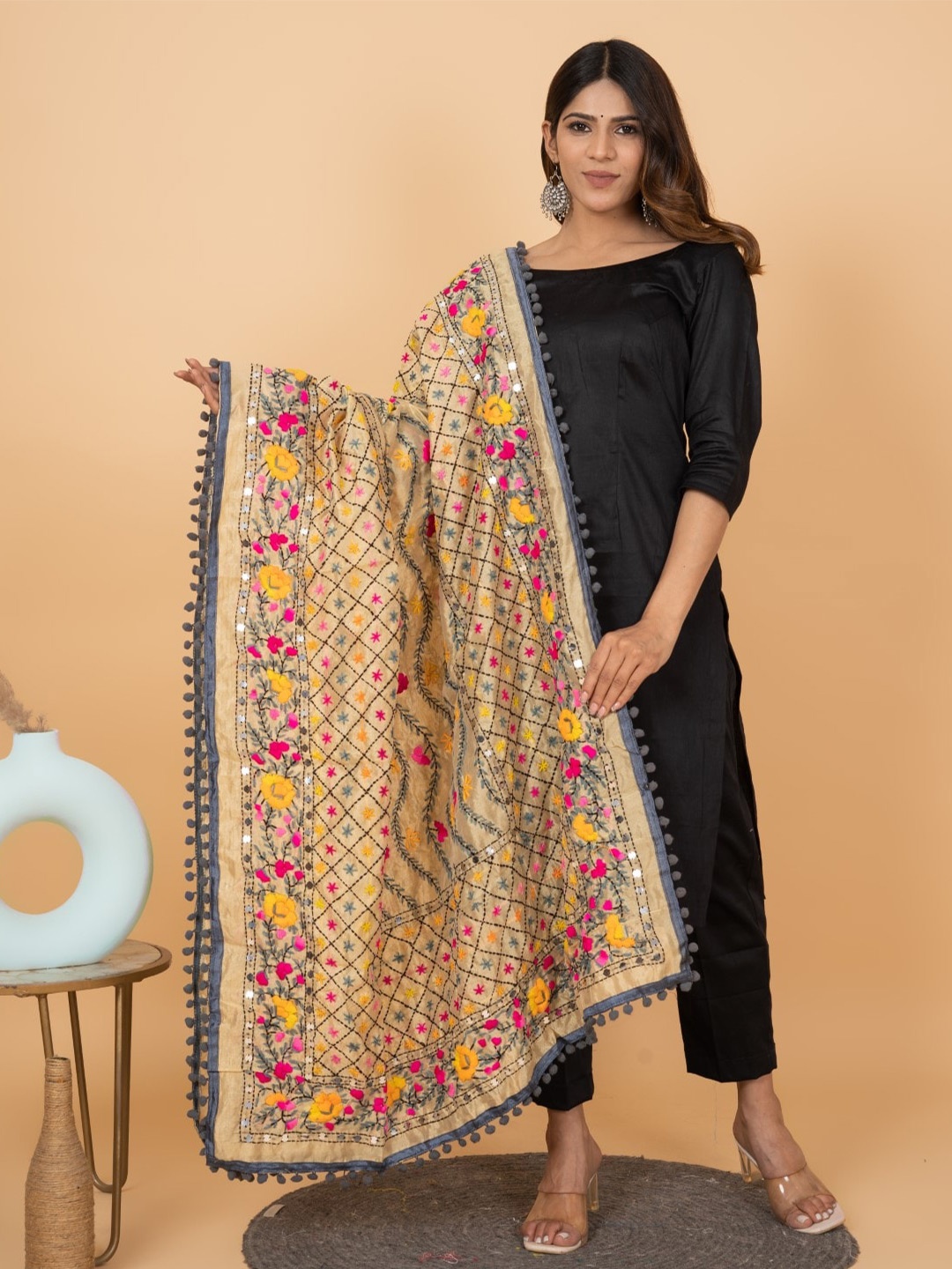 

KALINI Floral Embroidered Dupatta With Phulkari, Peach