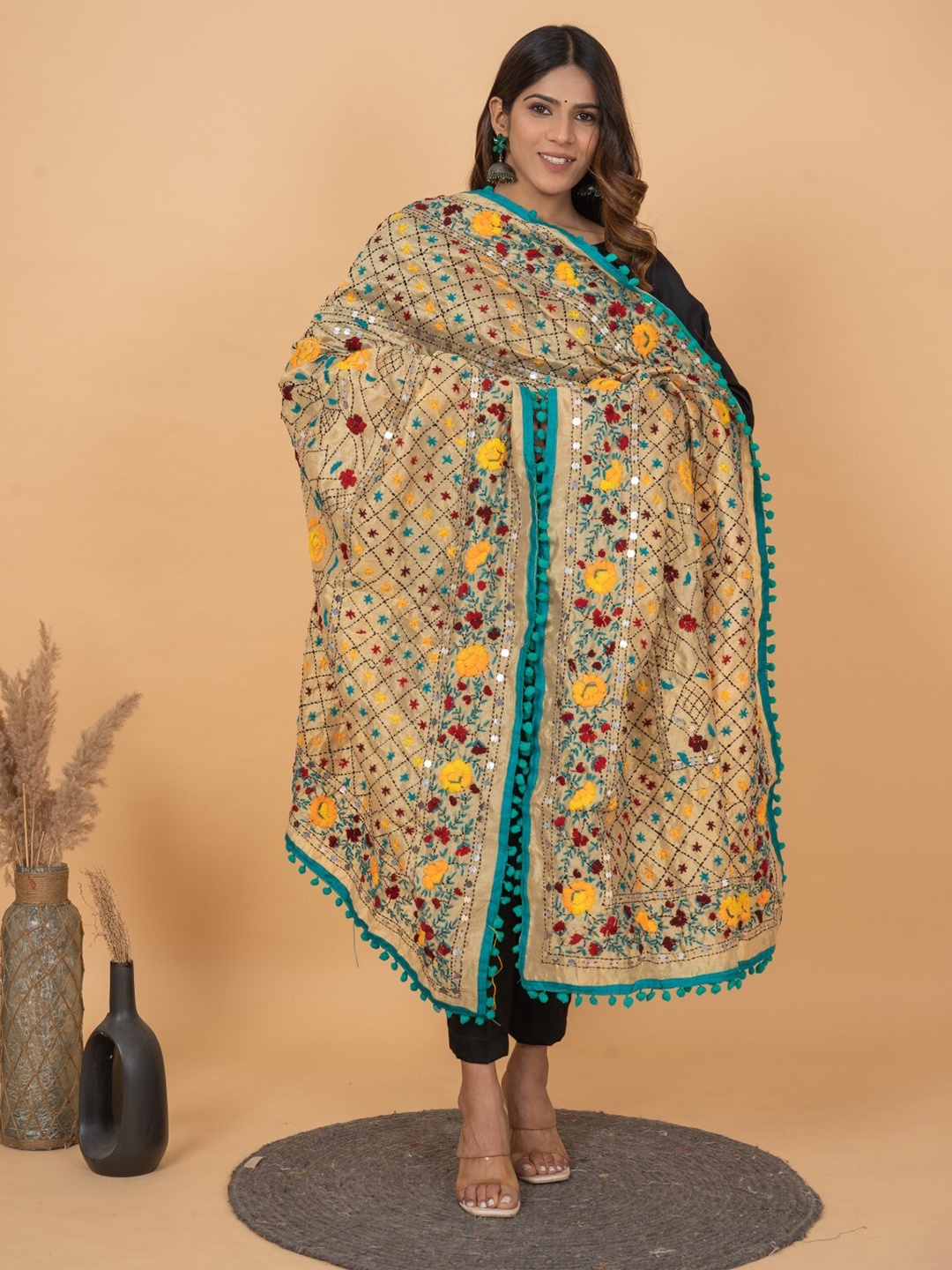 

KALINI Embroidered Phulkari Dupatta, Beige