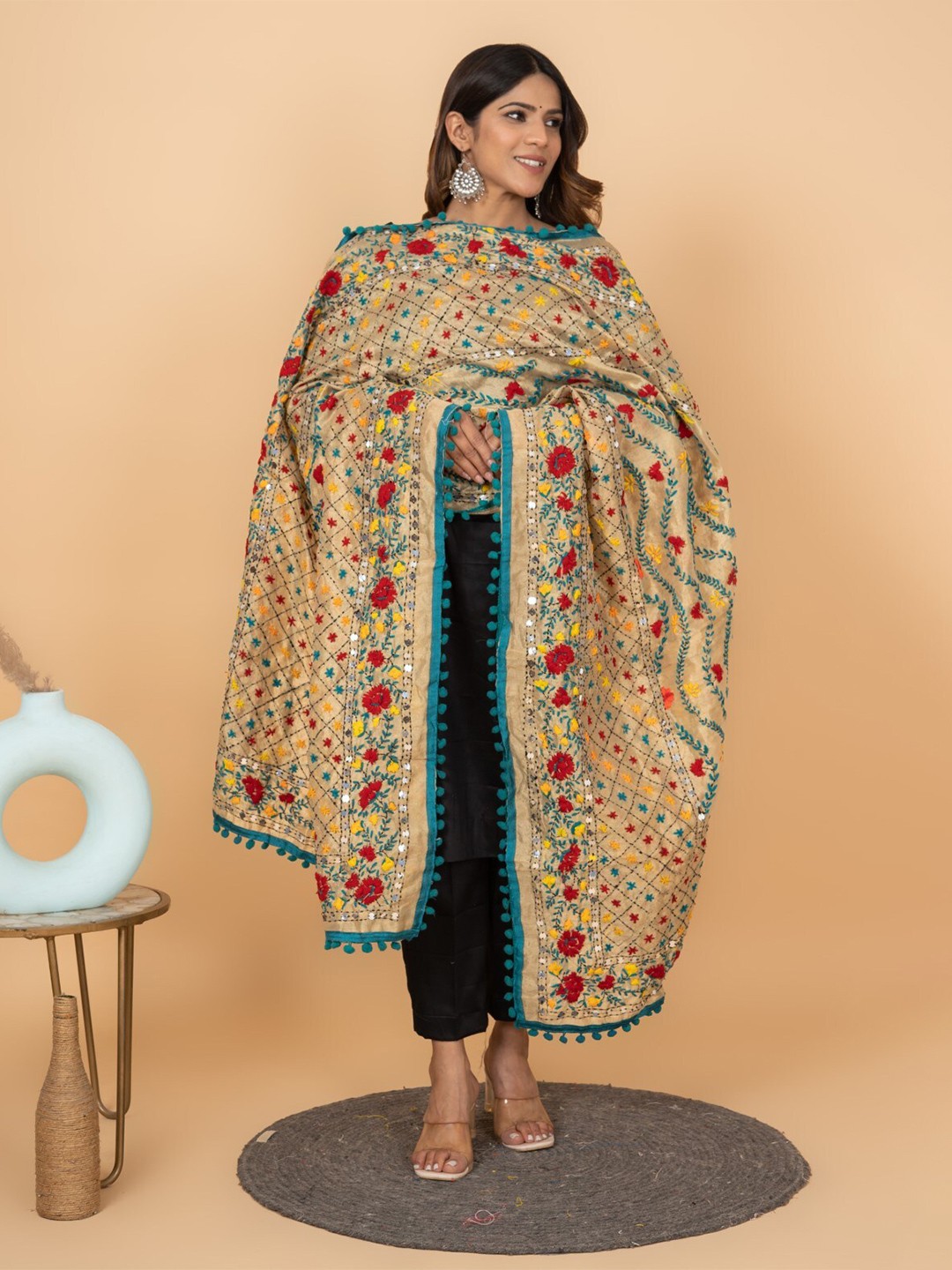 

KALINI Embroidered Dupatta with Phulkari, Beige