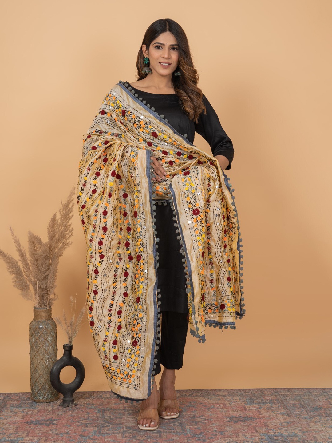 

KALINI Floral Embroidered Dupatta With Phulkari, Beige