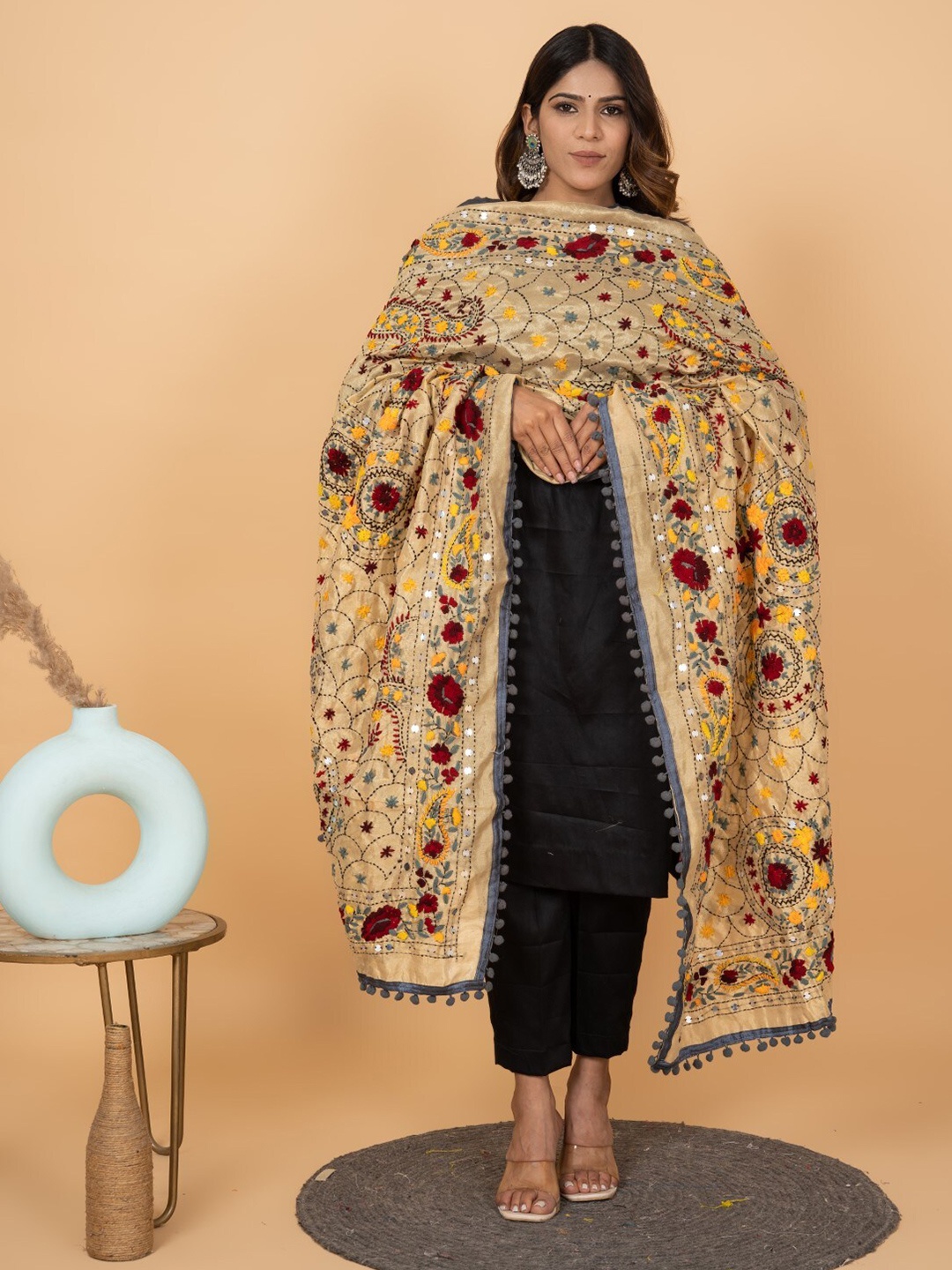 

KALINI Embroidered Dupatta with Phulkari, Beige