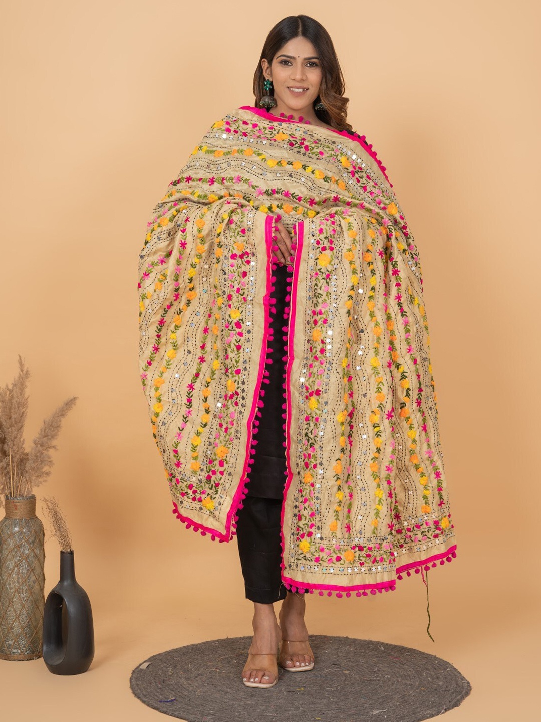 

KALINI Embroidered Chanderi Pulkari Bagh Dupatta, Beige