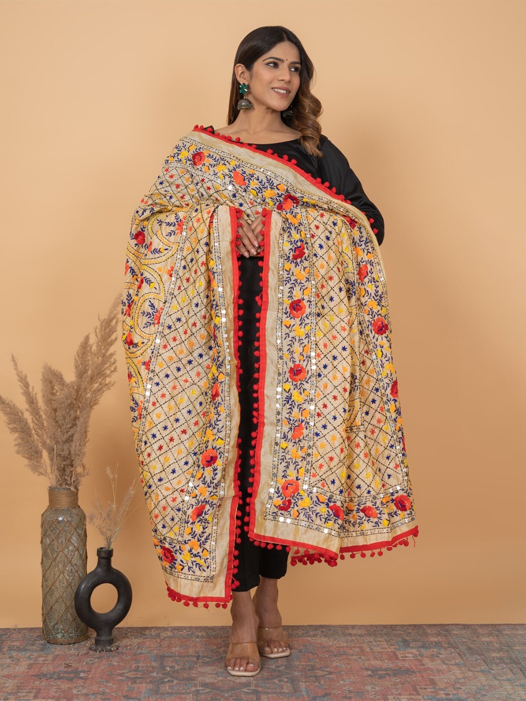 

KALINI Floral Embroidered Dupatta With Phulkari, Peach