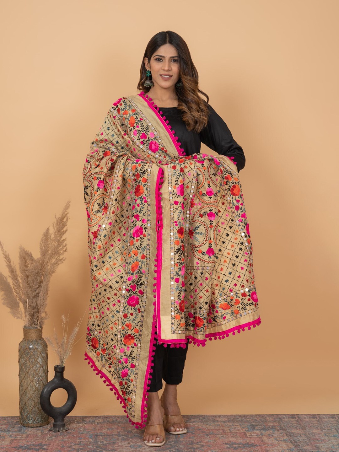

KALINI Embroidered Dupatta with Phulkari, Beige