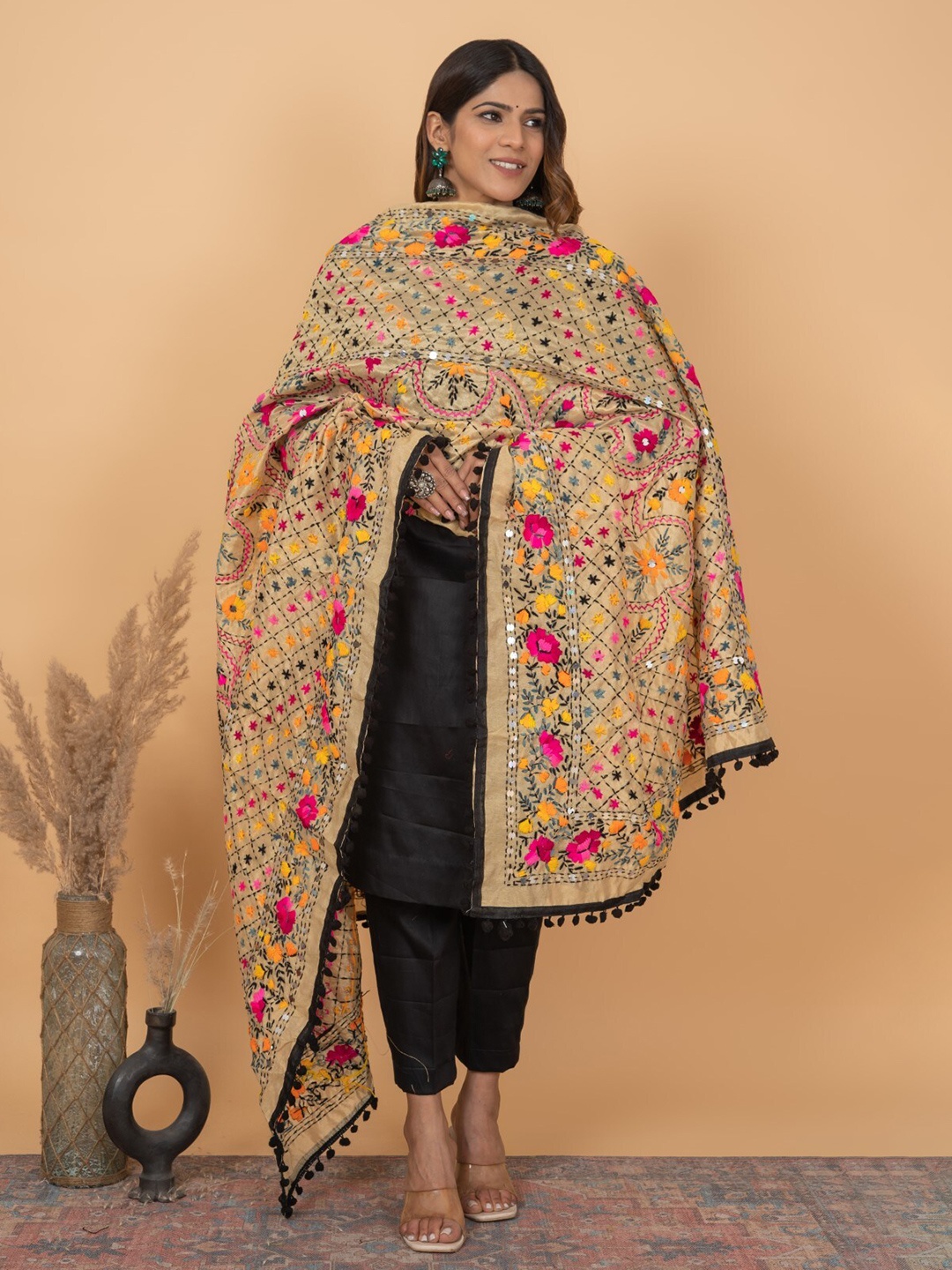 

KALINI Embroidered Phulkari Dupatta, Beige