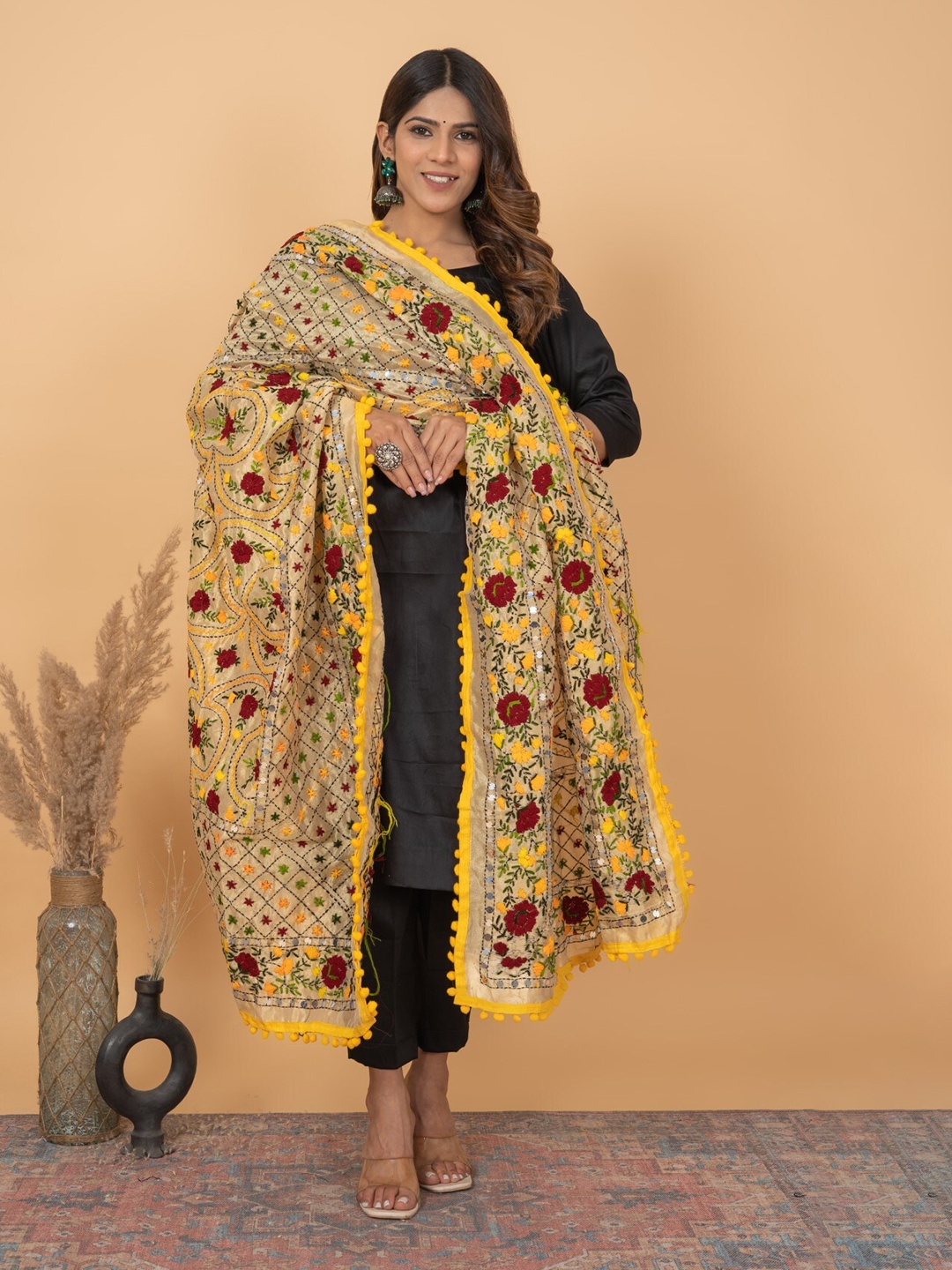 

KALINI Embroidered Phulkari Dupatta, Beige